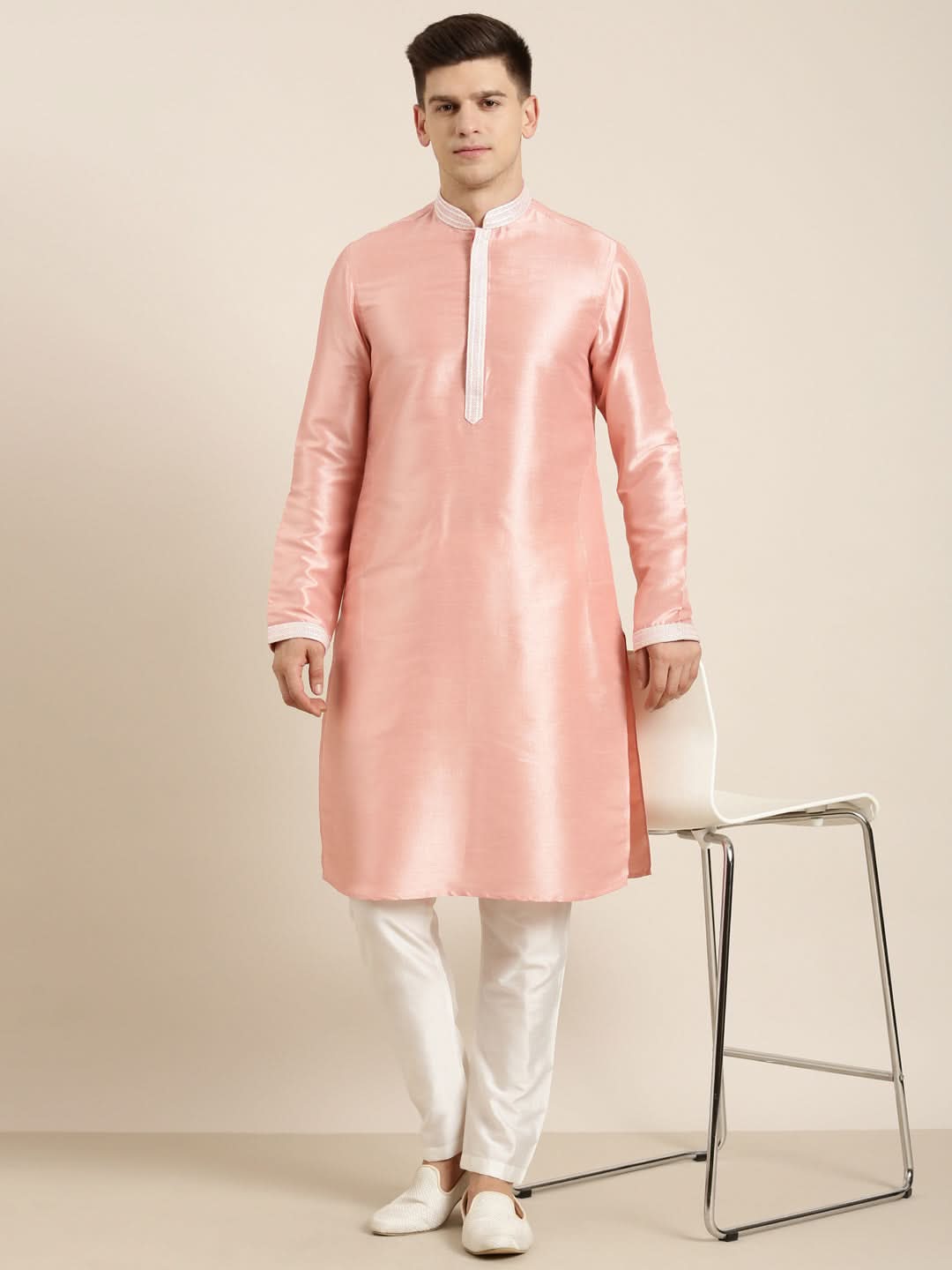 Peach Silk Embroidery Kurta Set