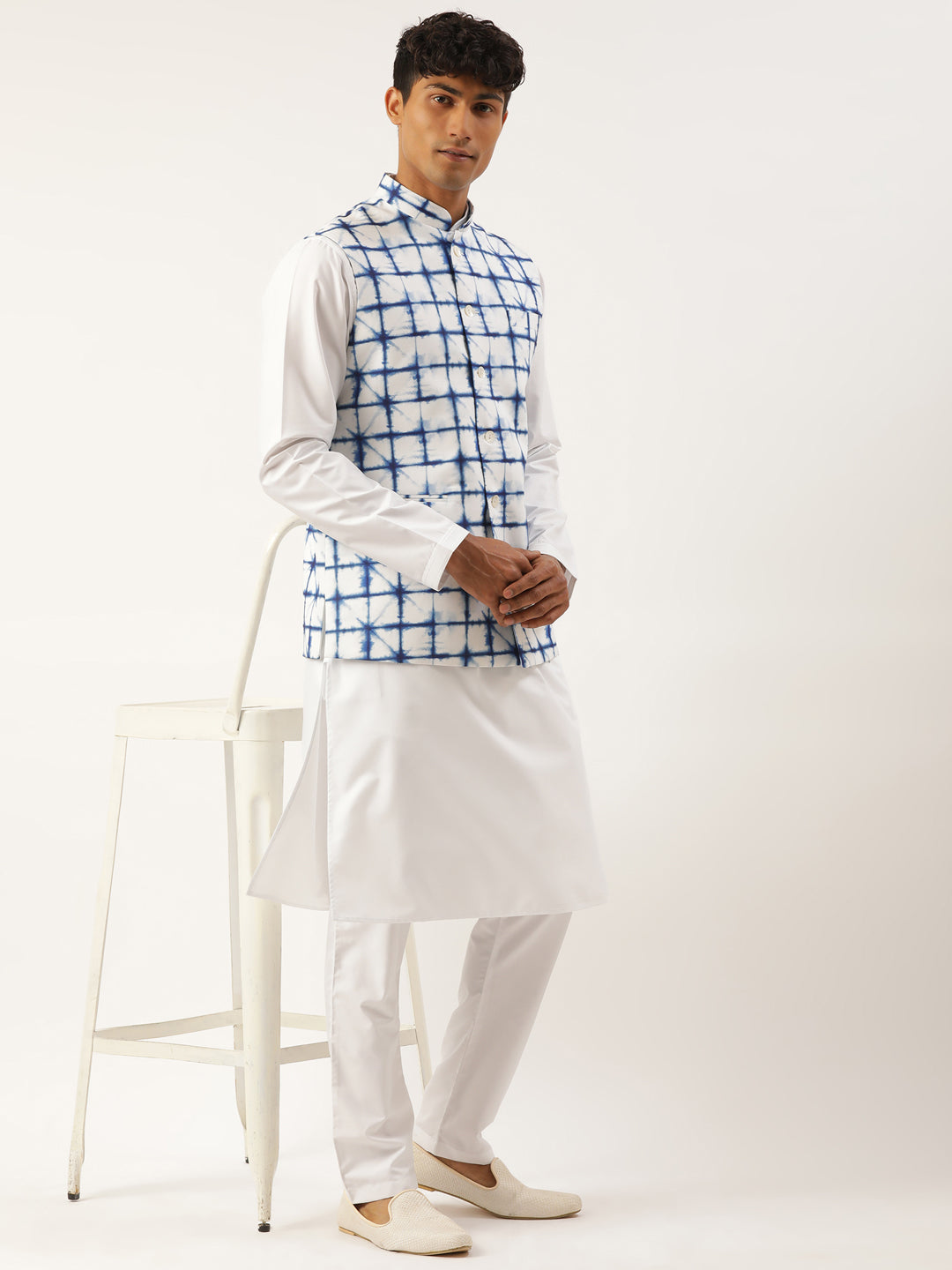 White Cotton Blue Tie Dye Jacket with White Kurta
