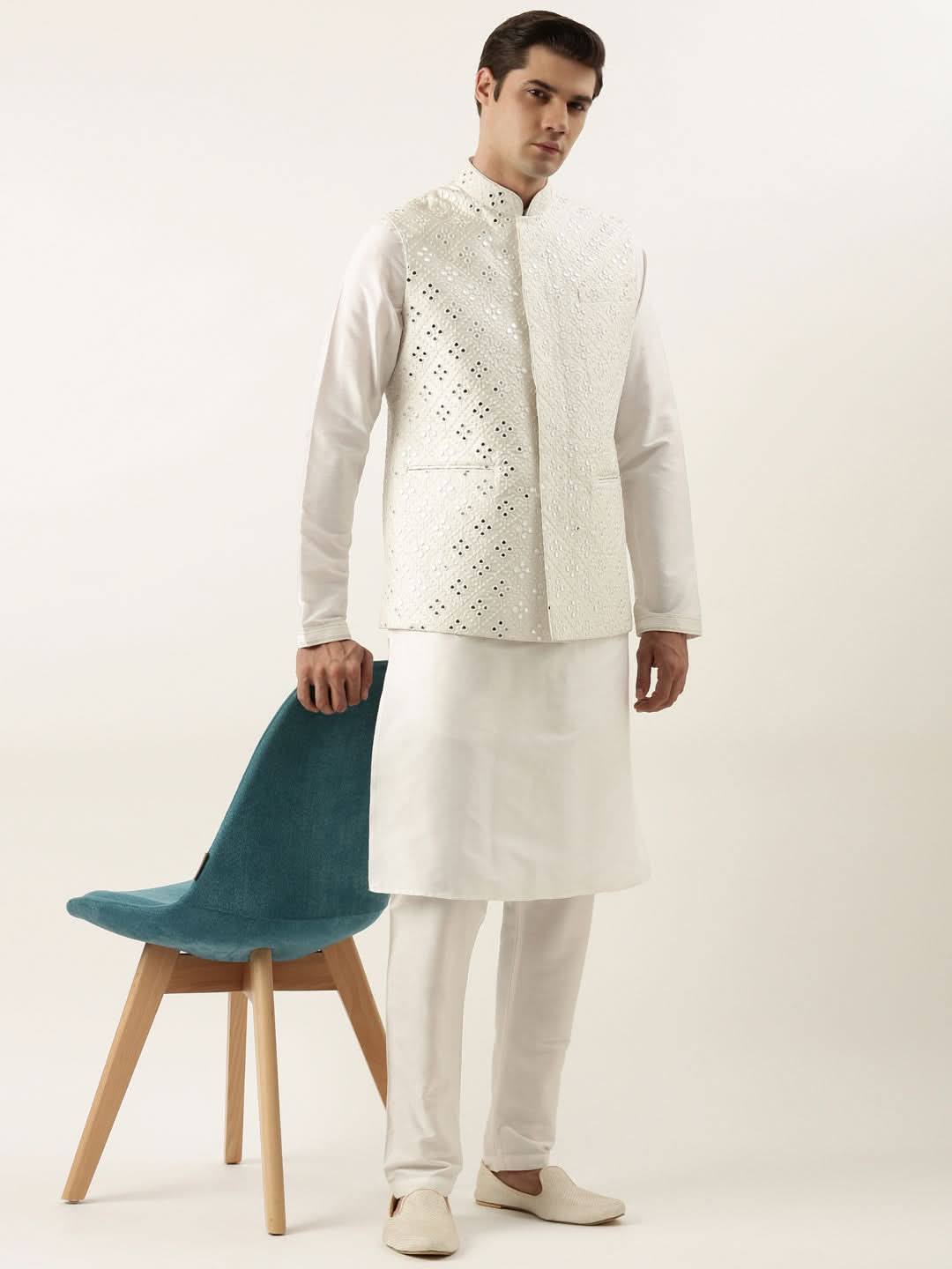 Off White Mirror Embroidered Jacket Kurta Set