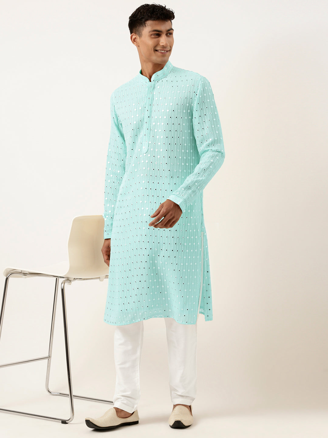Aqua Blue Mirror Embroidered Gerogette Kurta Set