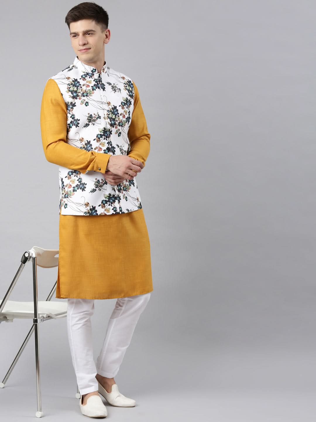 White Printed Jacket Kurta Set