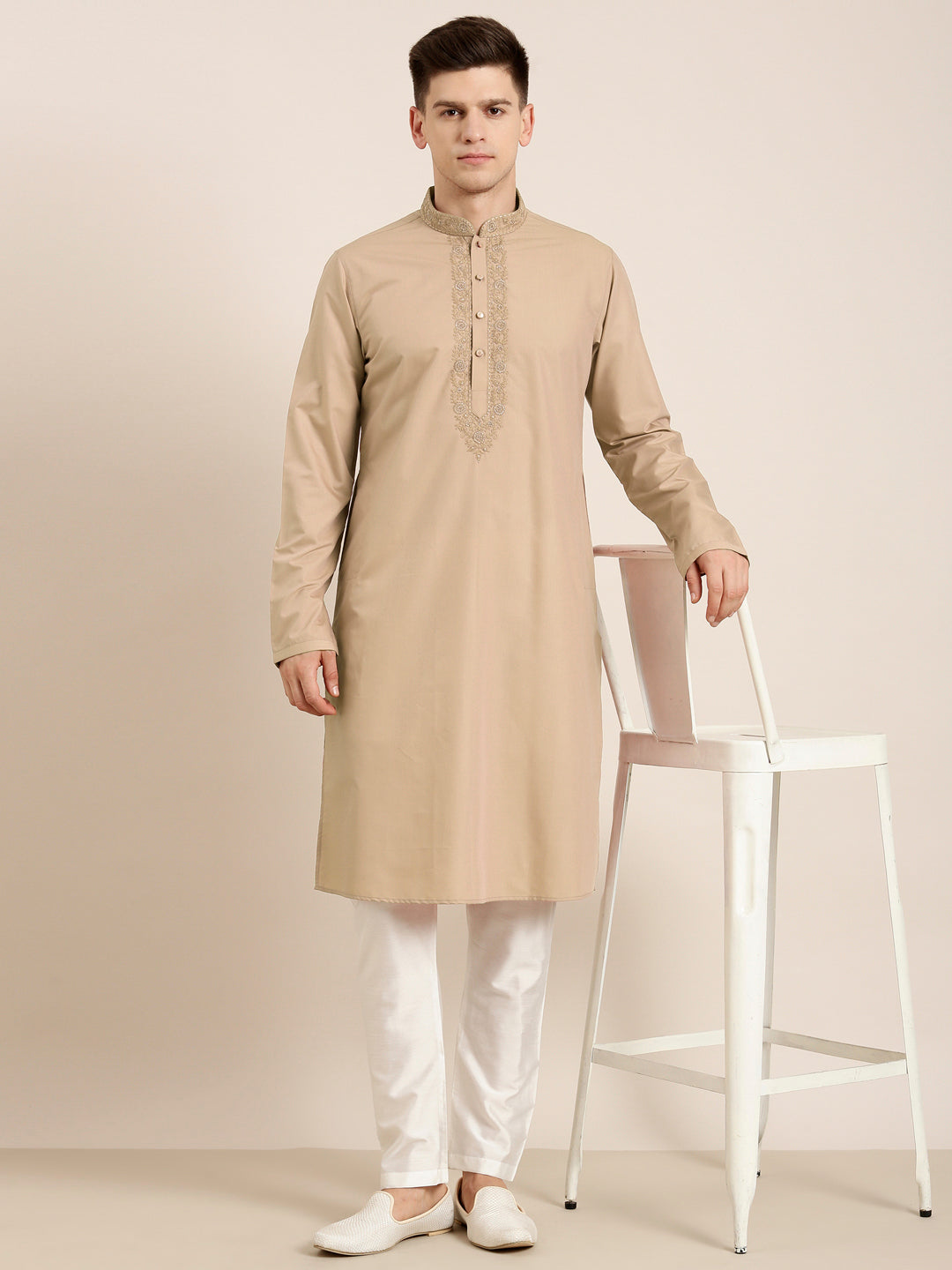 Beige Cotton Dori Embroidered Kurta Set