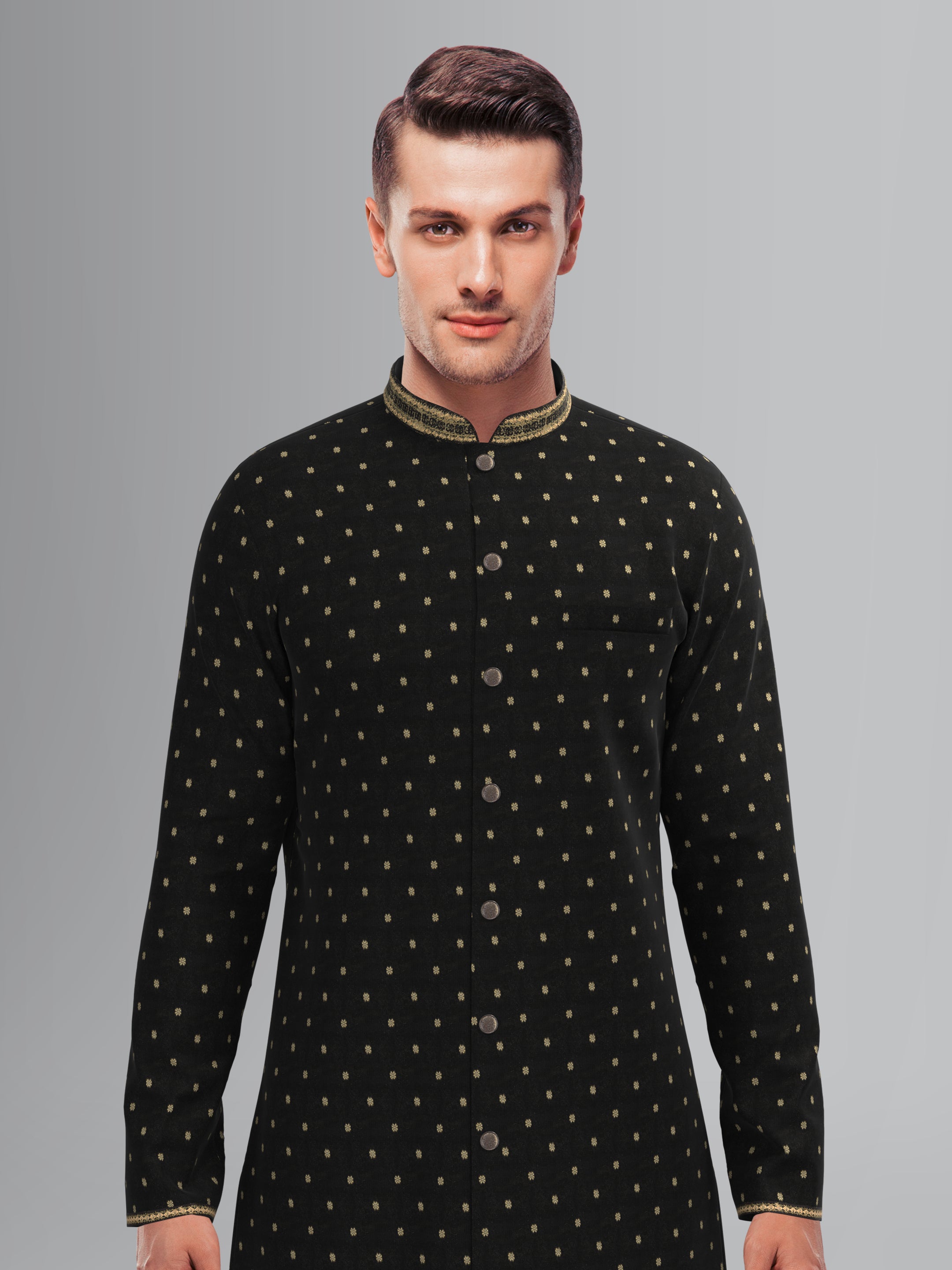 Black Chanderi Front Open Kurta Set