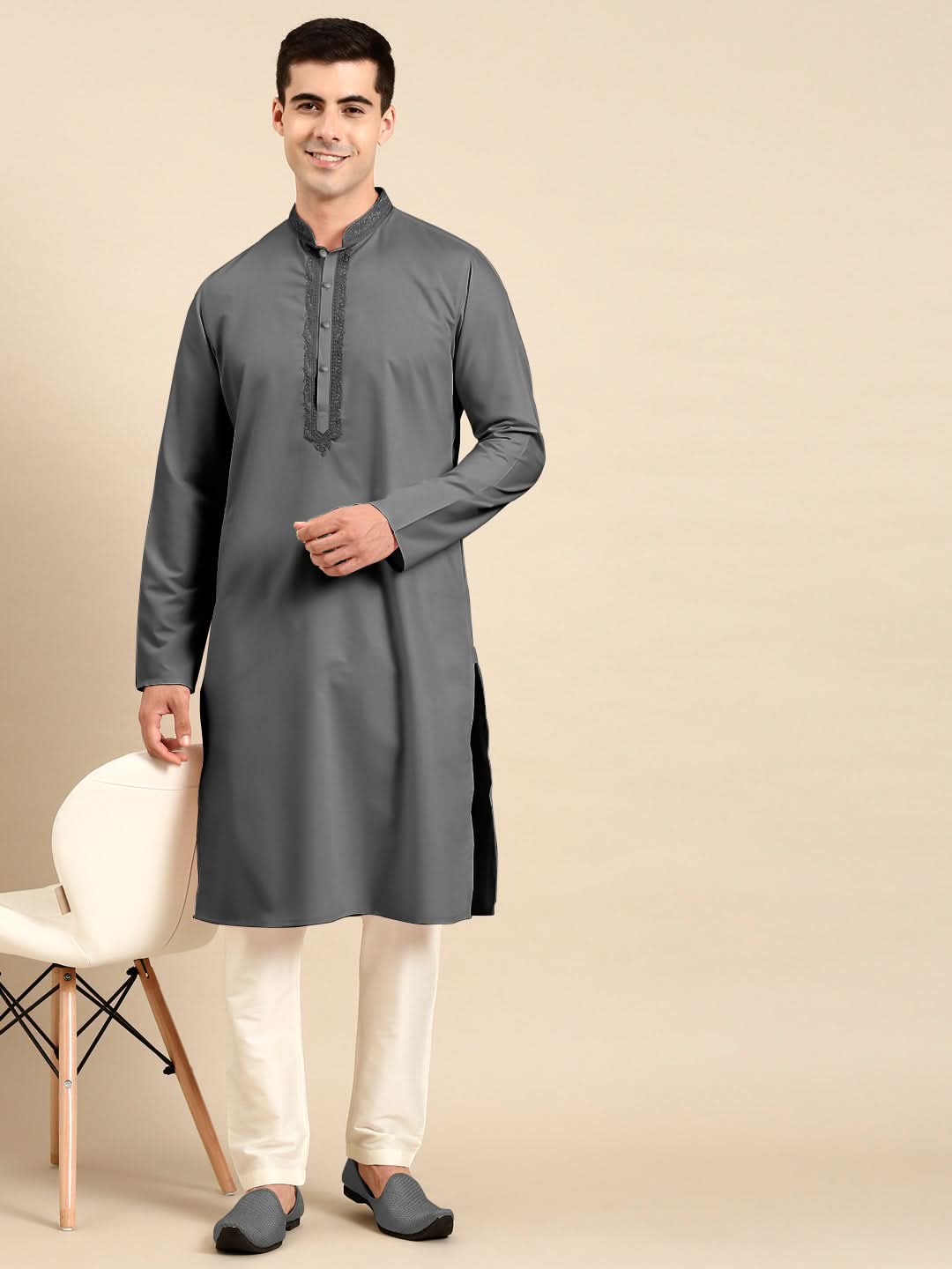Grey Cotton Dori Embroidered Kurta Set