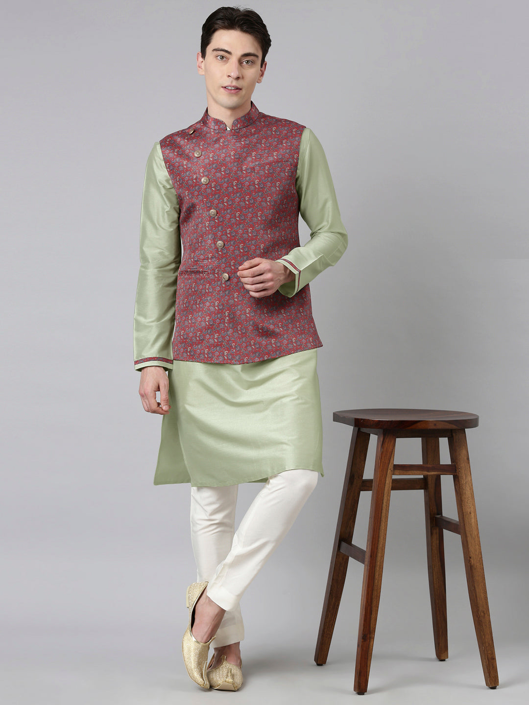 Red Printed Jacket With Kurta