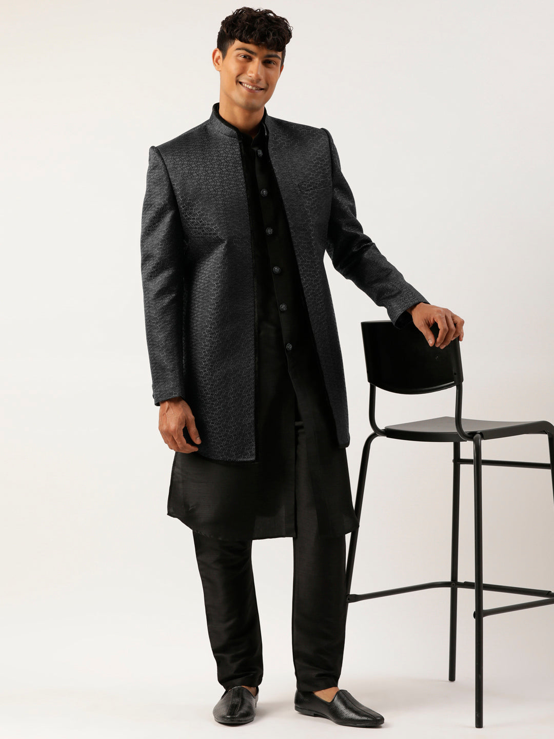 Black Jacquard open Indowestern Set
