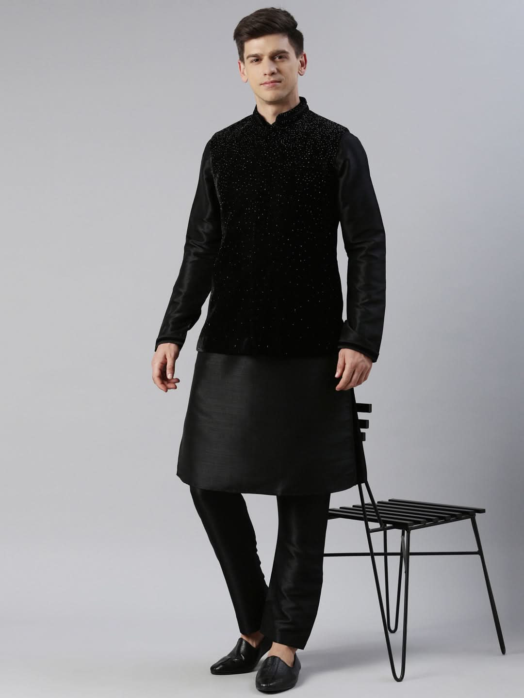 Black Velvet Hand Embroidery Jacket Set