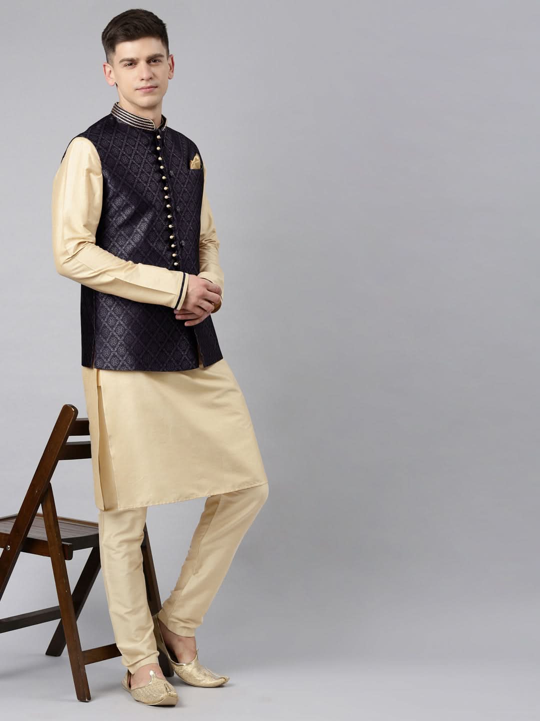 Navy Banarasi Bundi With Gold Kurta Set