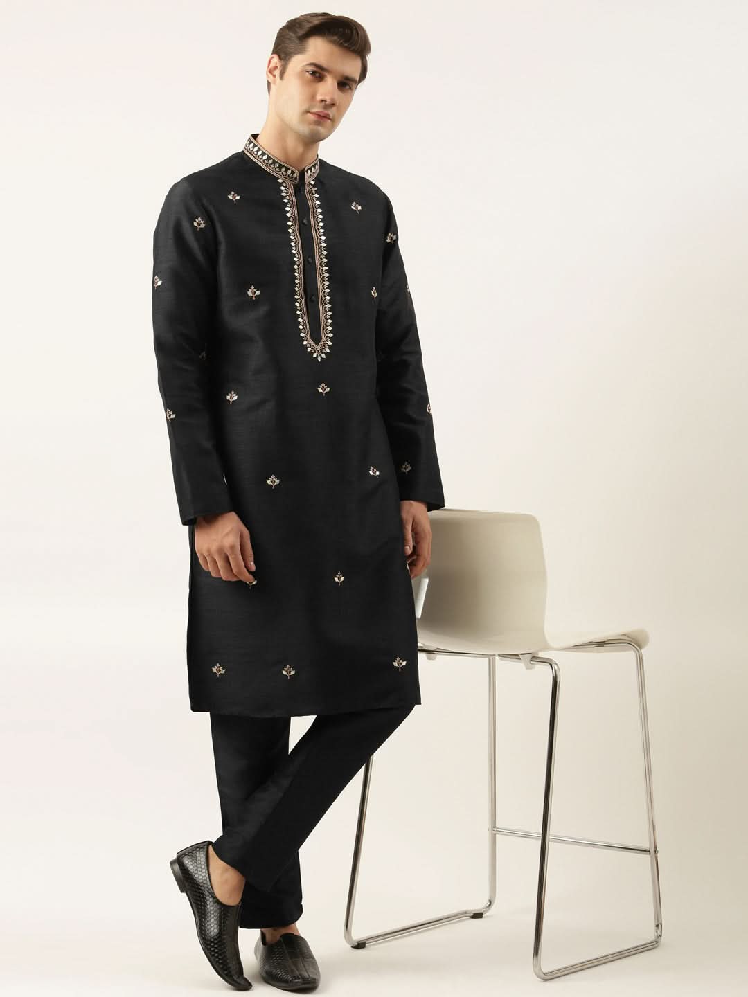 Black Silk Gota Embroidered Kurta Set