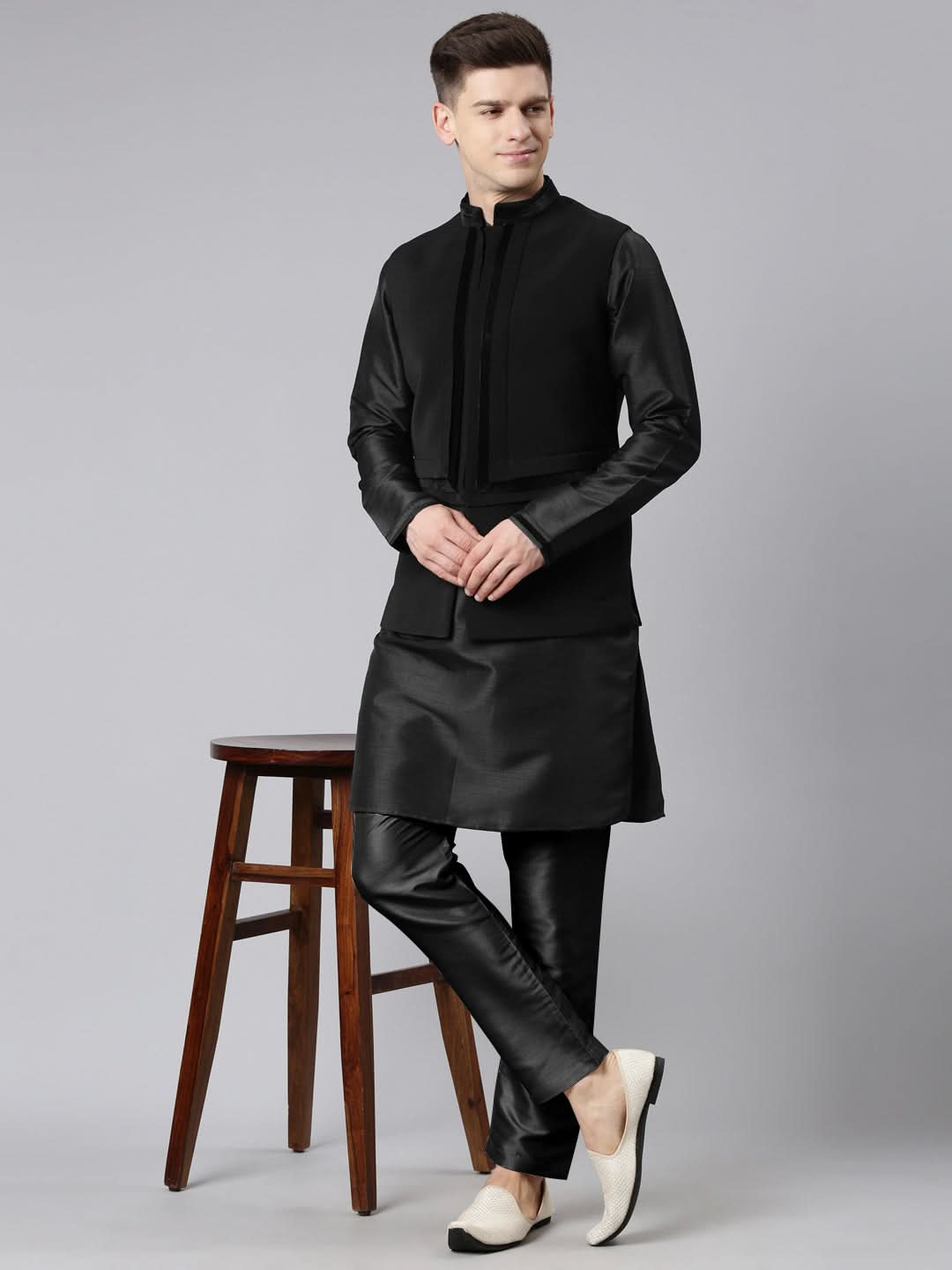 Black Pleated Jacket Kurta Set