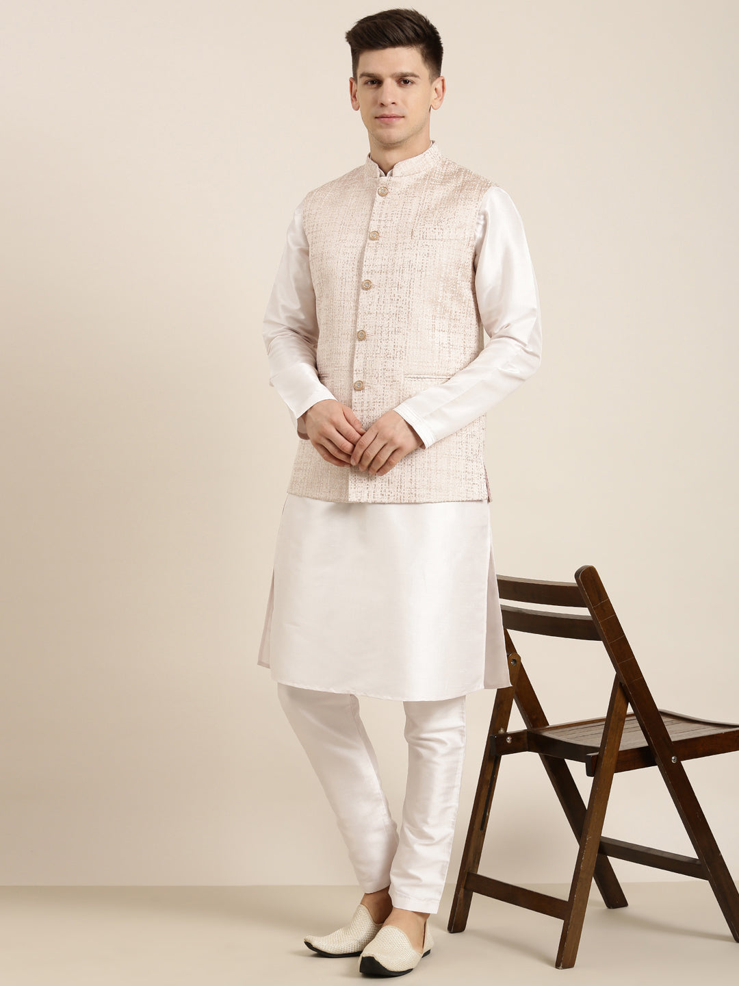 Pink & Gold Checkered Textured Jacket With Gold Kurta