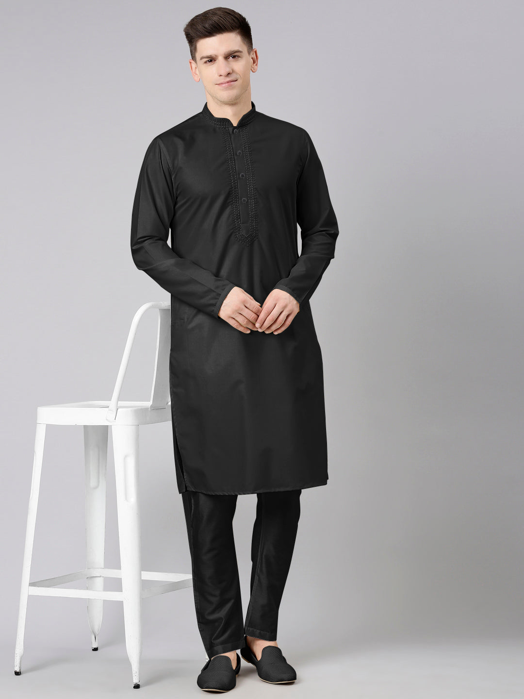 Black Cotton Dori Embroidery Kurta Set