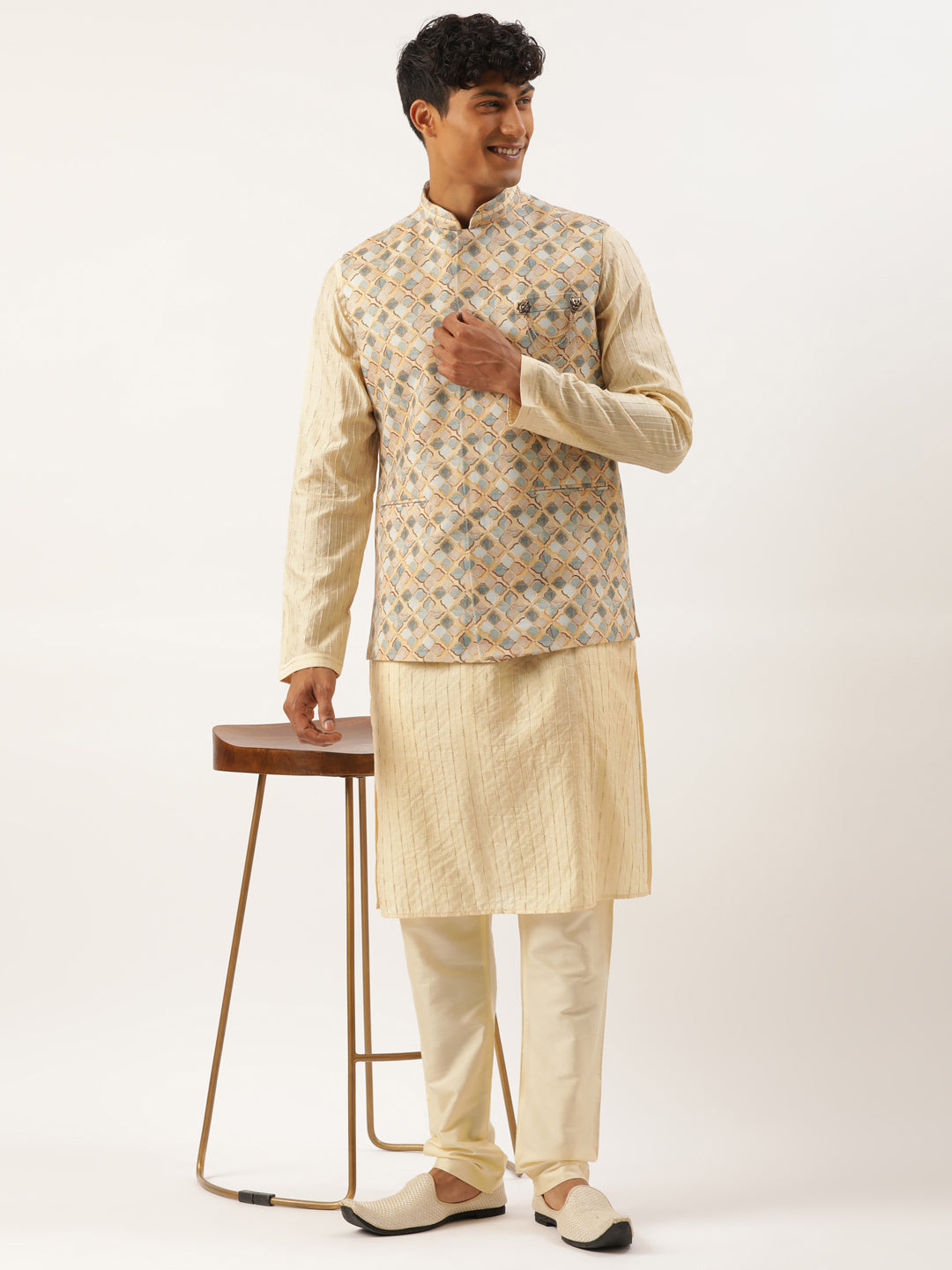 Grey and Beige Printed Jacket with kurta set