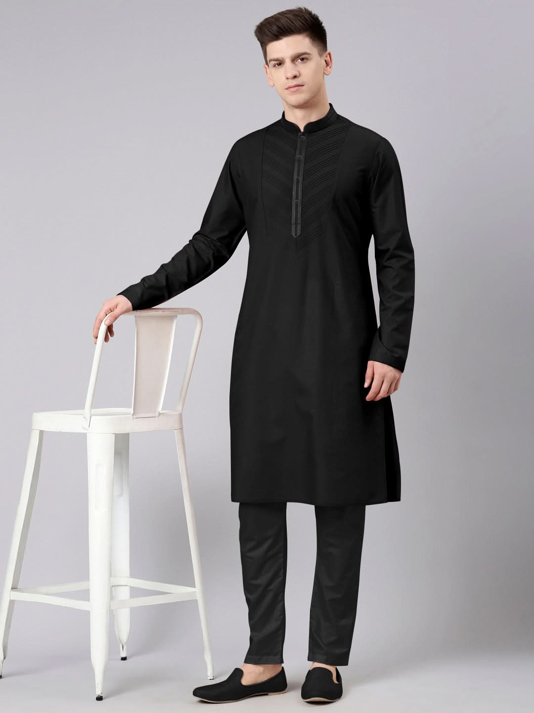 Black Pleated Cotton Kurta Set