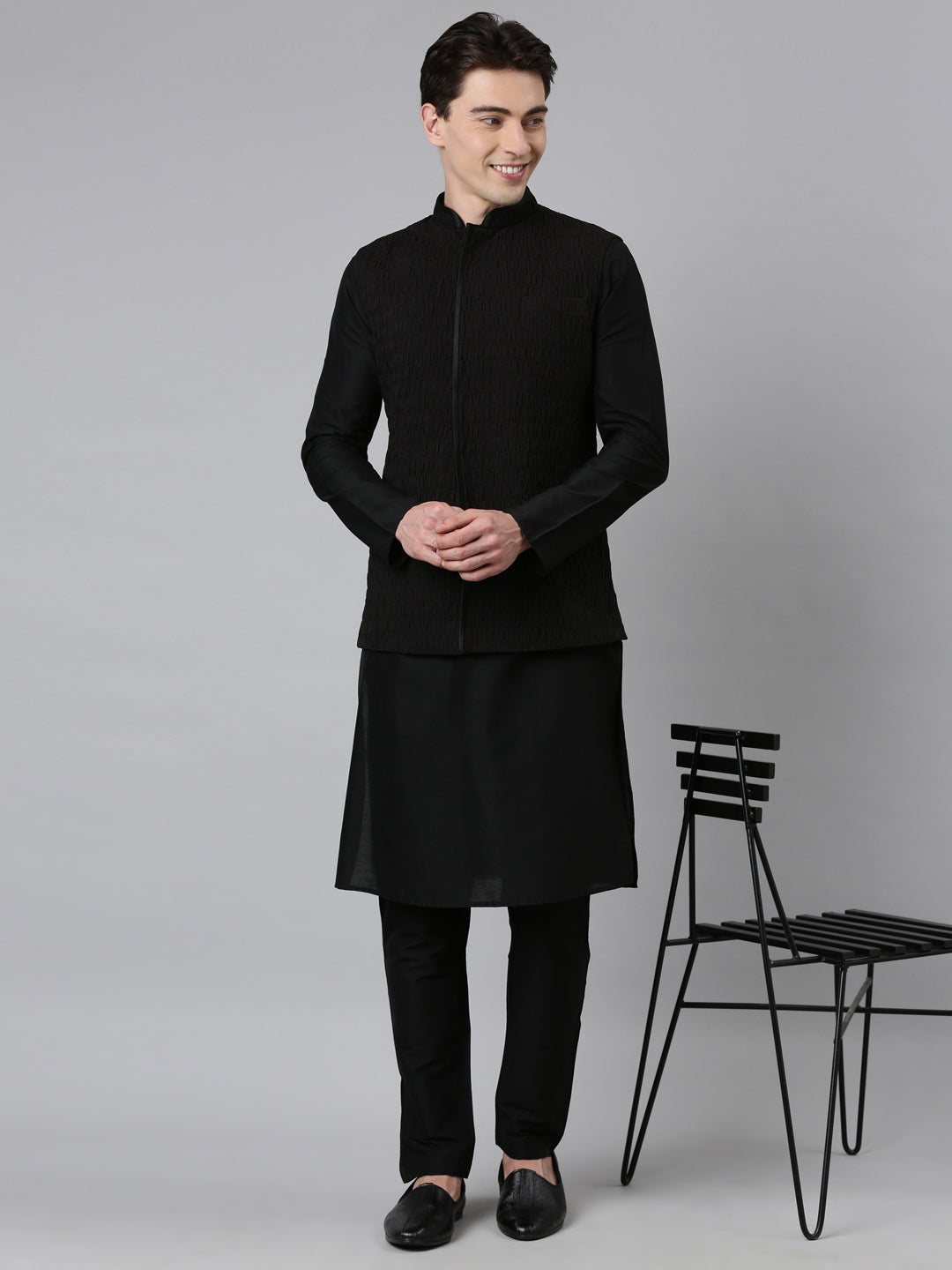 Black Ruching Jacket Kurta Set