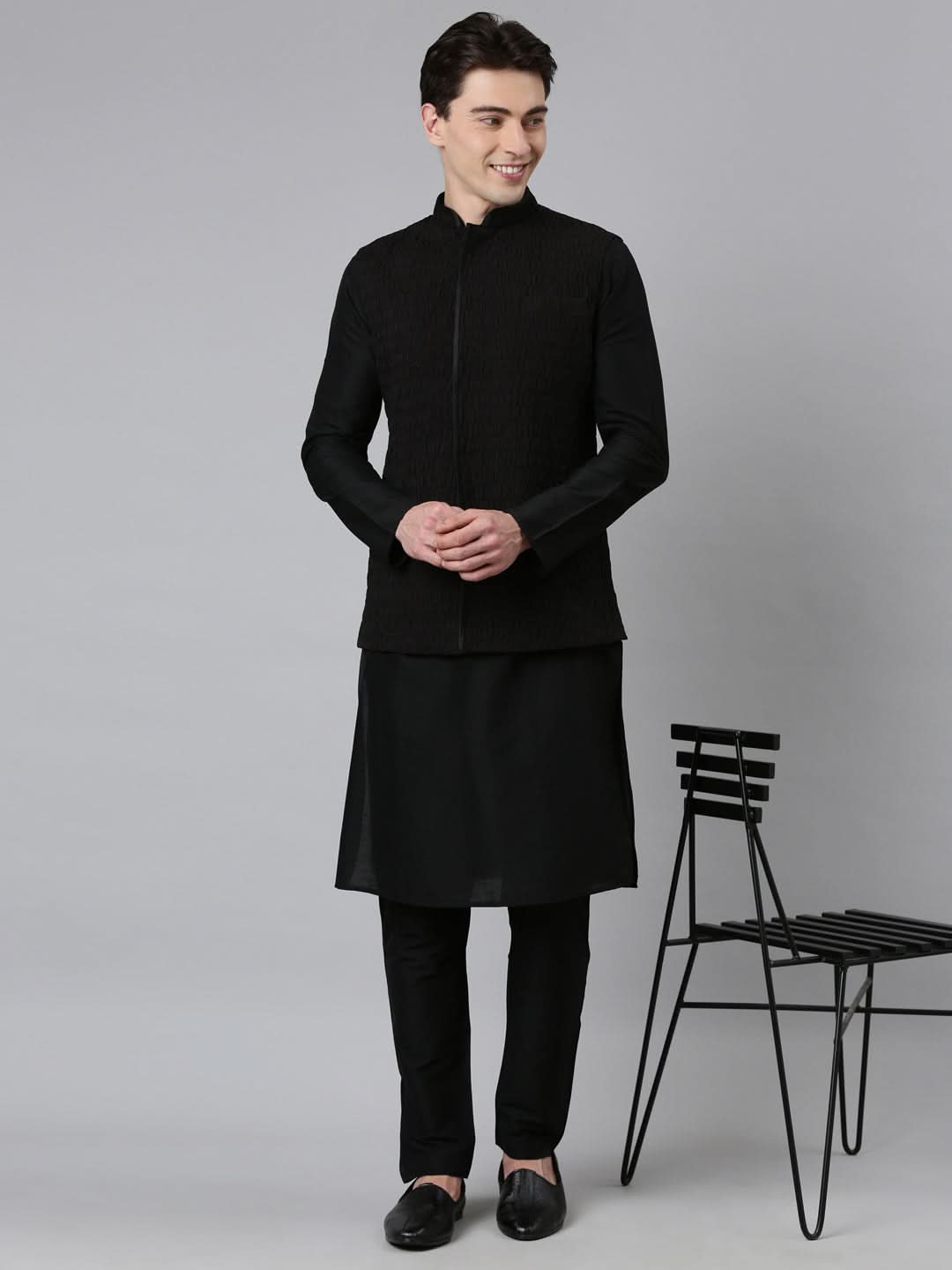 Black Ruching Jacket Kurta Set