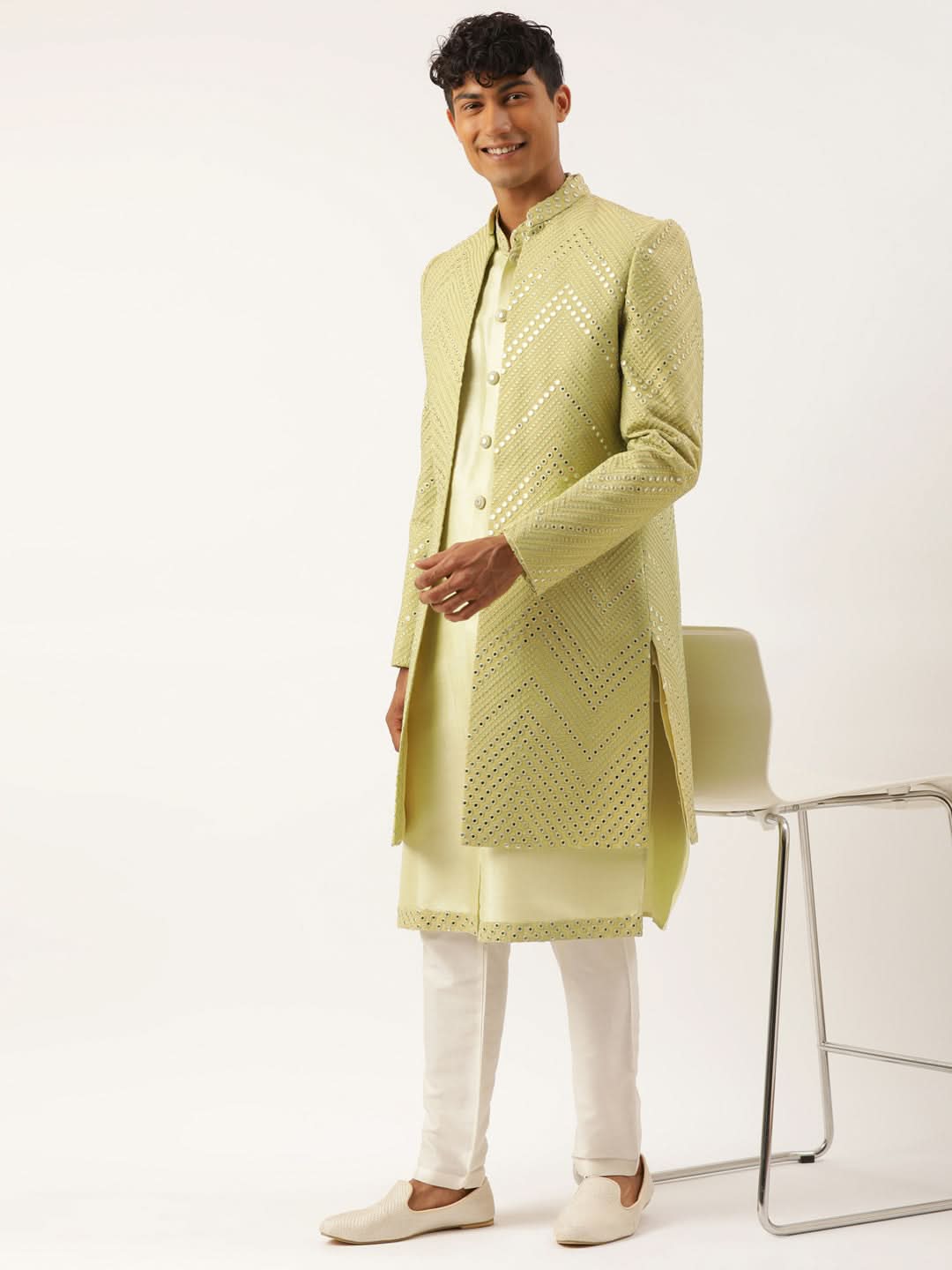 Pistachio Mirror Embroidered Indowestern With Kutra