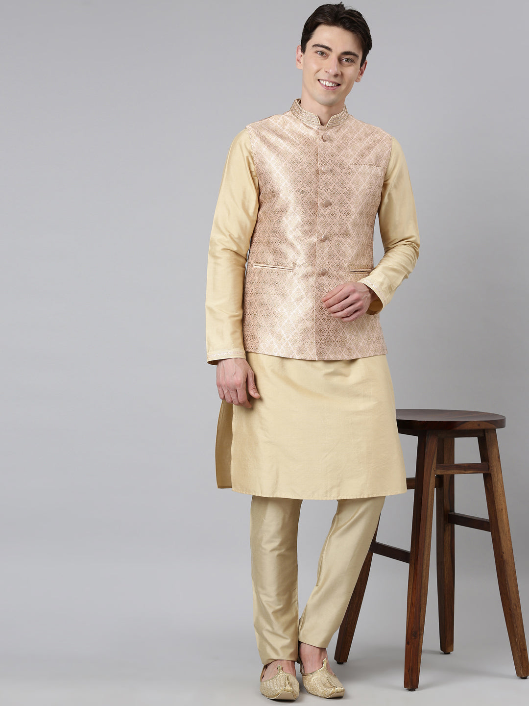 Peach Gold Jacquard Jacket W Gold Kurta