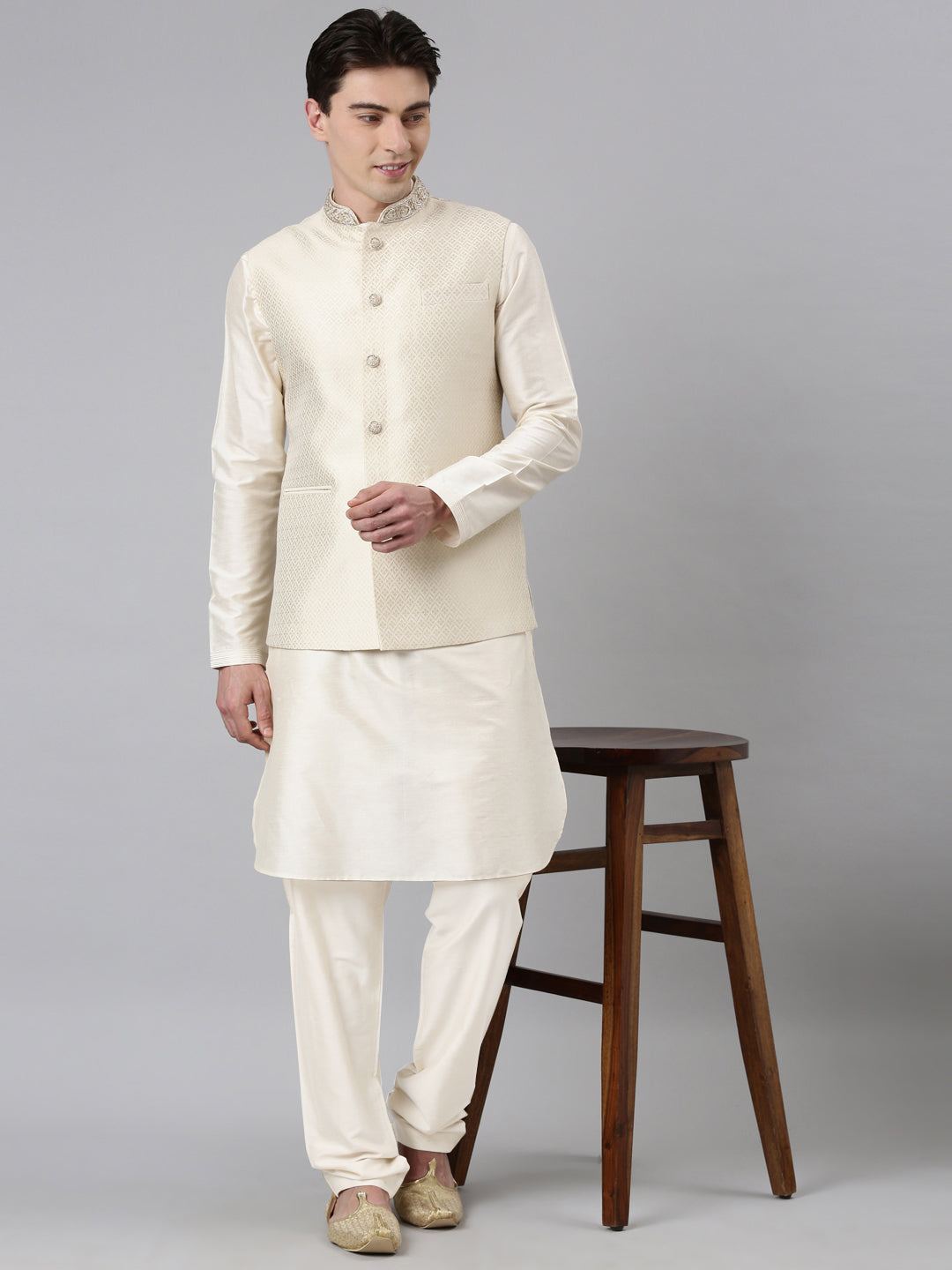 Ivory Gold Jacquard Jacket With Kurta Set