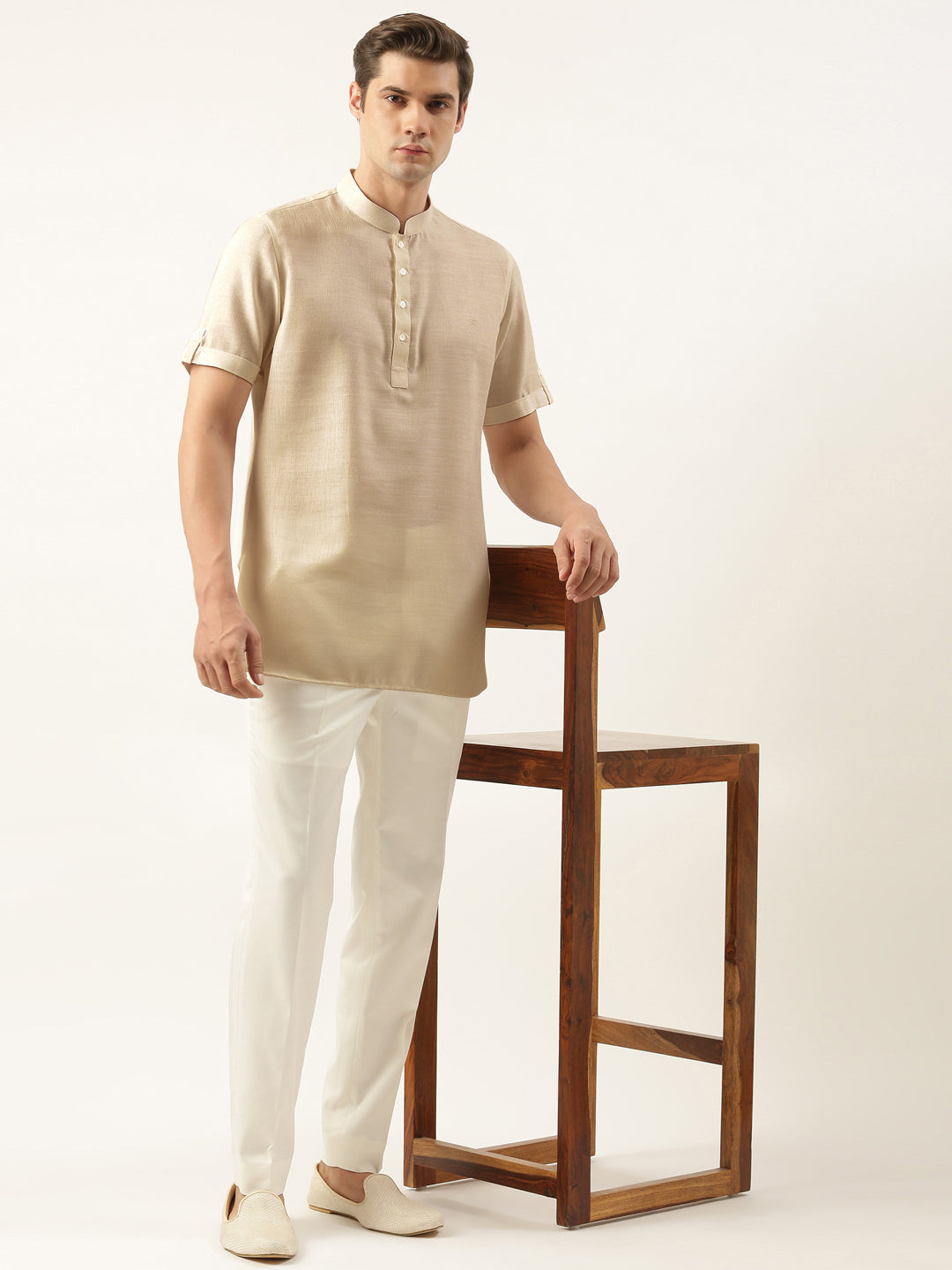 Beige Yellow Cotton Short Kurta Set
