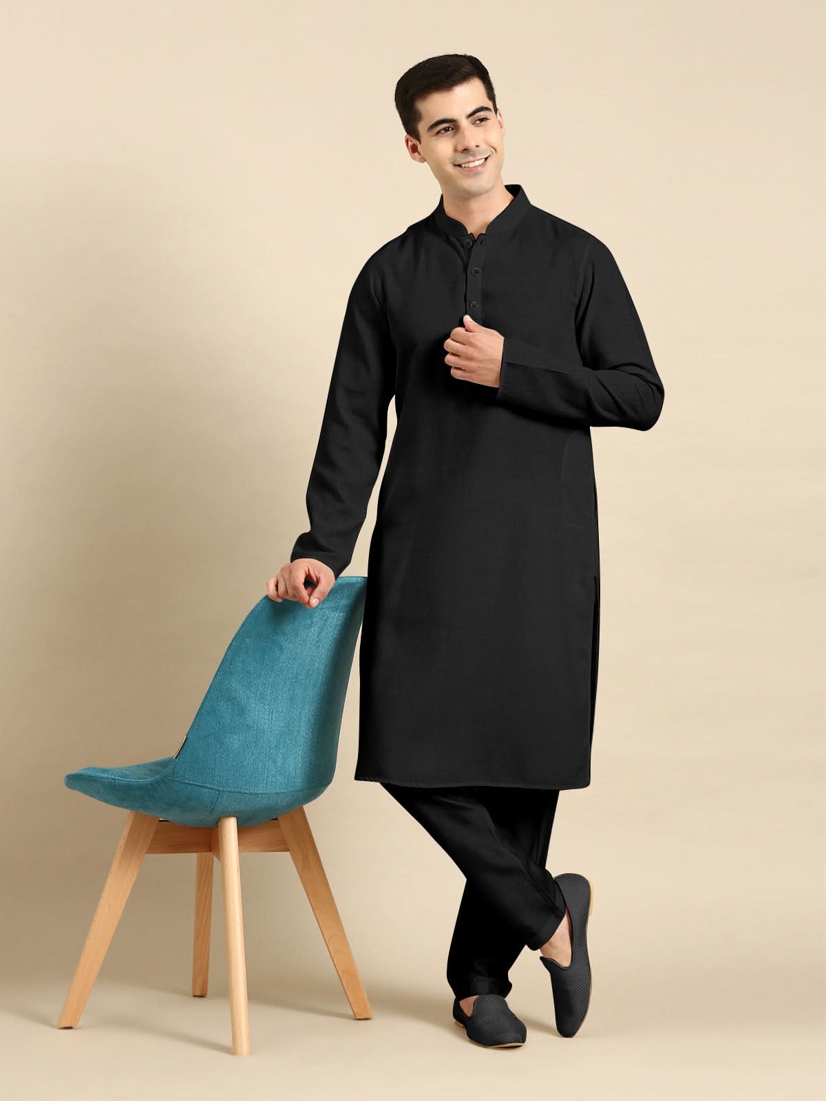 Black Twill Weave Cotton Kurta Set