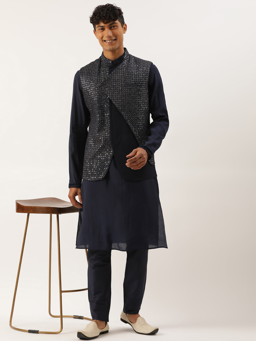 Navy Embroidered Jacket Kurta Set