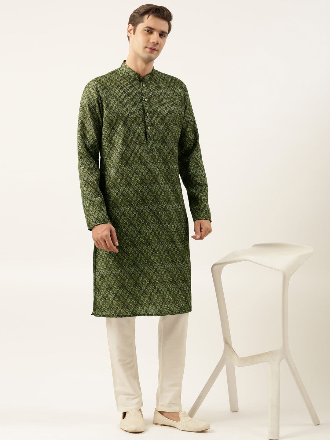 Olive Printed Sequin Embroidered Kurta Set