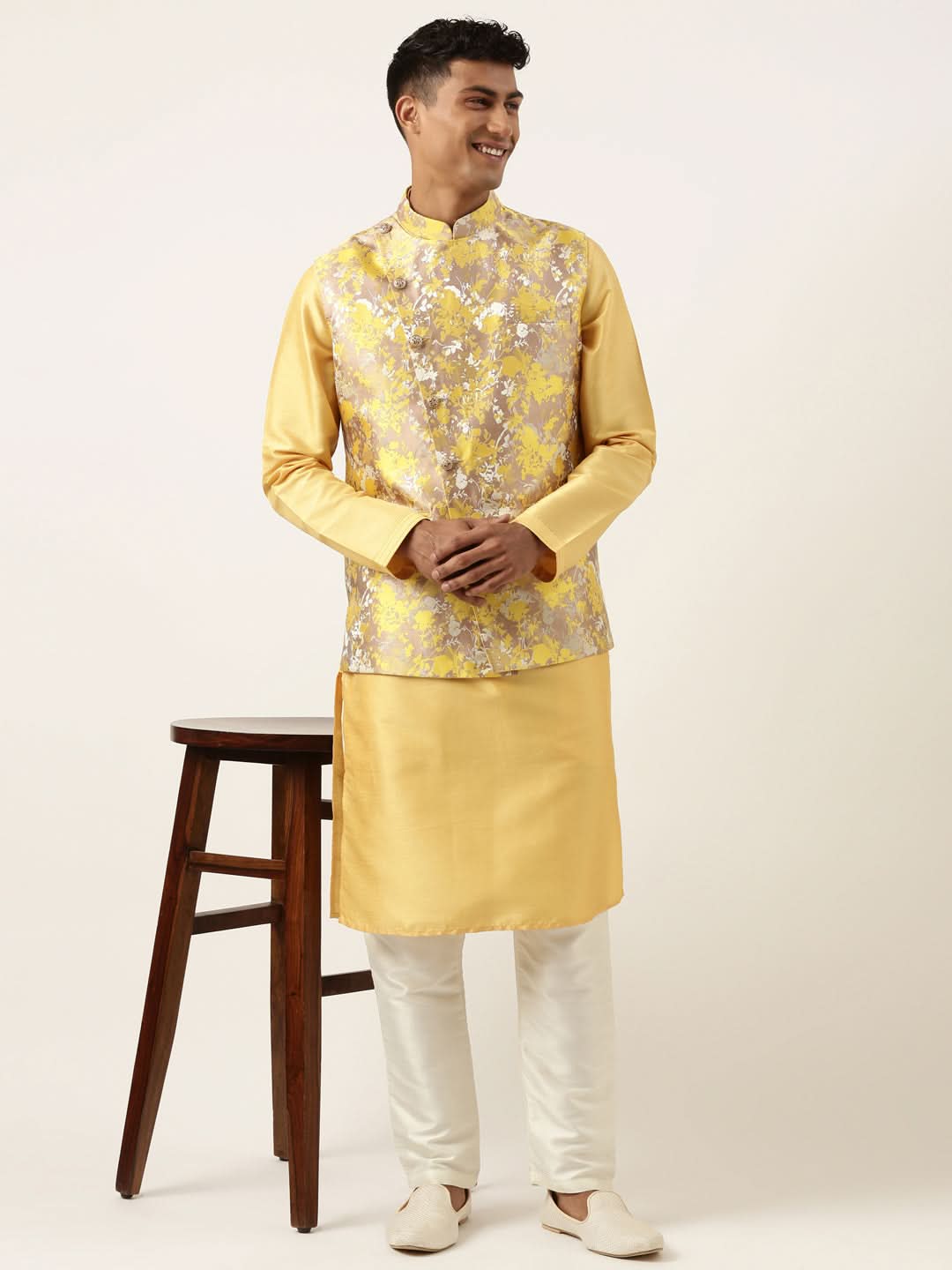 Yellow Floral Jacquard Angrakha Jacket With Beige Kurta