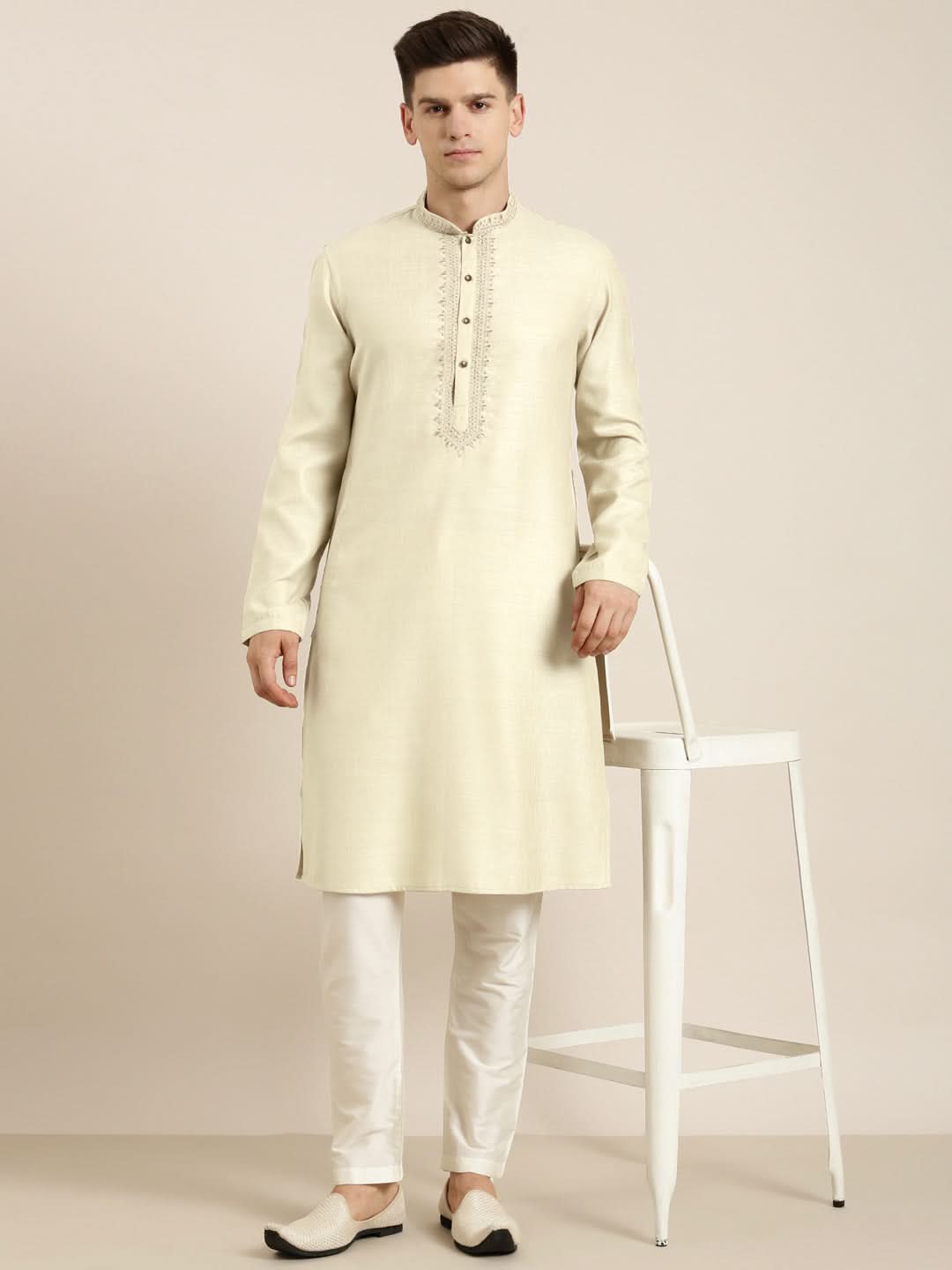 Cream cotton Dori Embroidered Kurta