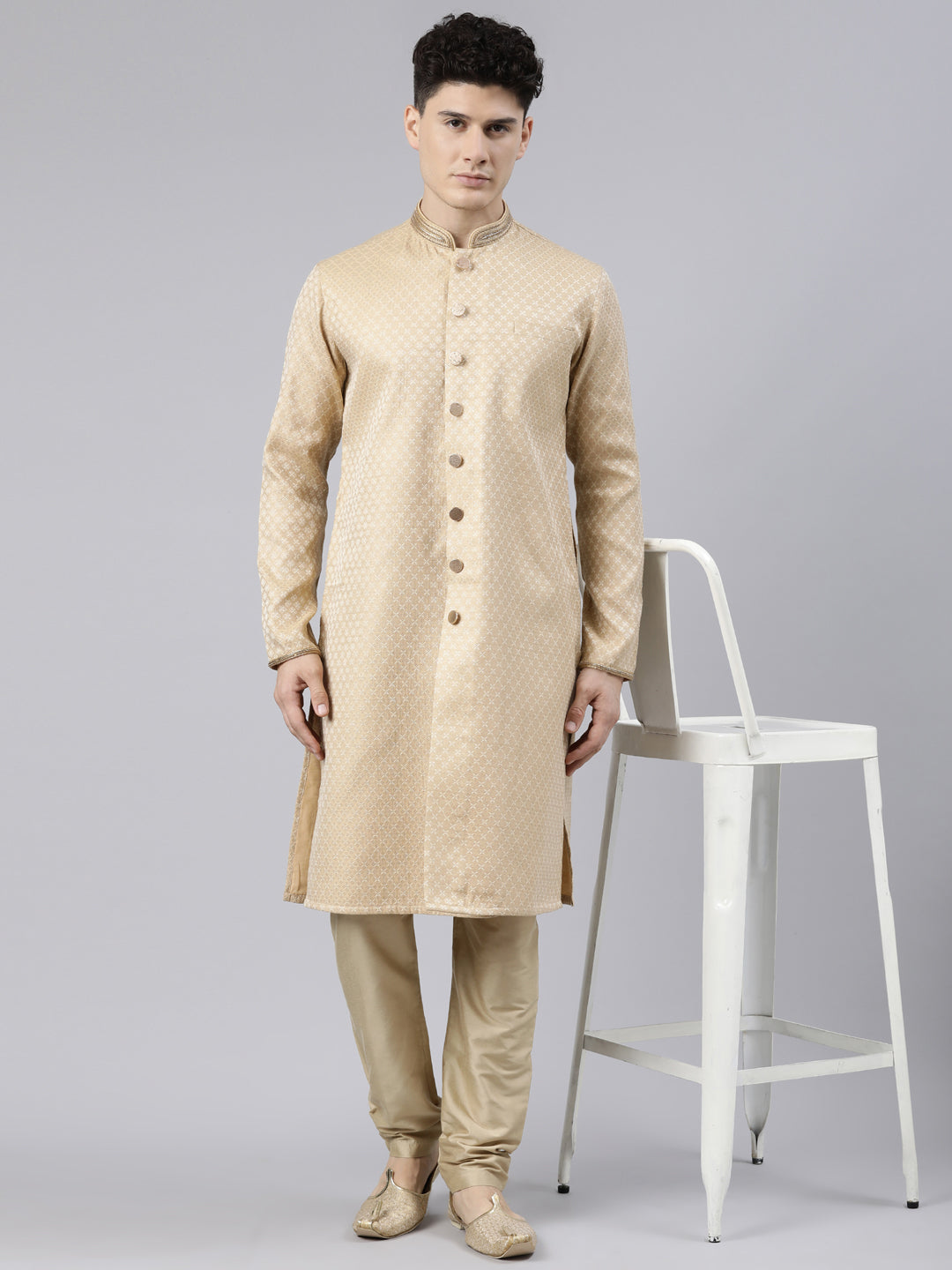 Gold Diamond Booti Front Open Kurta Set