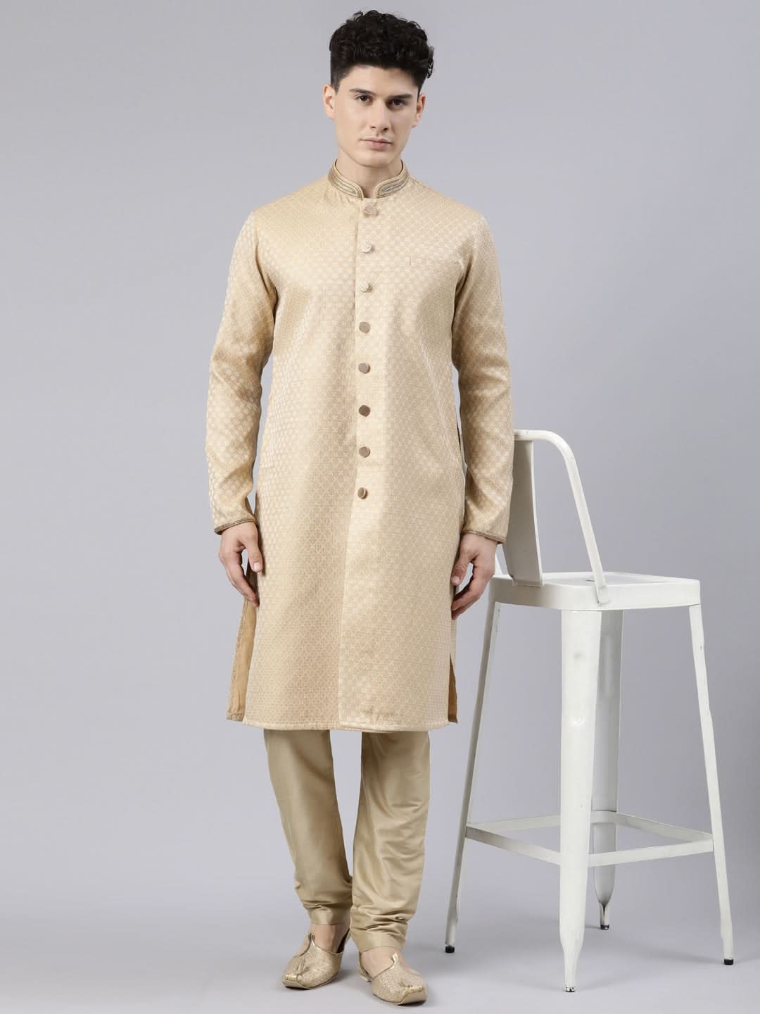 Gold Diamond Booti Front Open Kurta Set