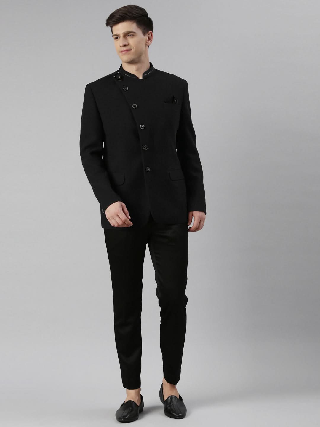 Black textured Bandhgala Set with leather detailing