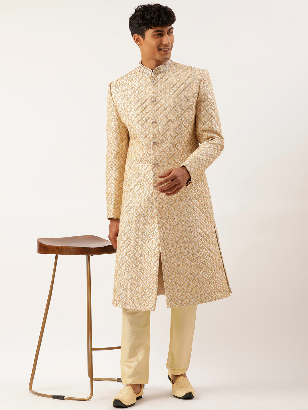 White Dori Embroidery Achkan