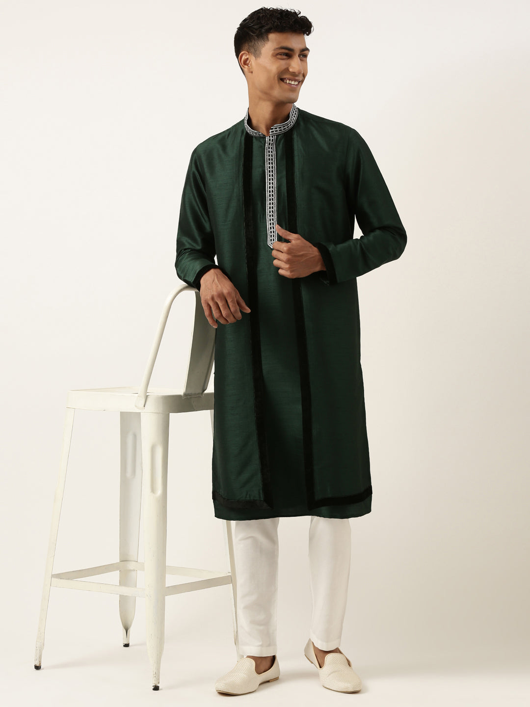 Green Embroidered Layered kurta Set