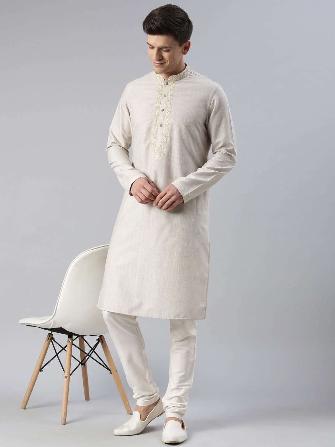 Beige Yellow Linen Embroidered Kurta