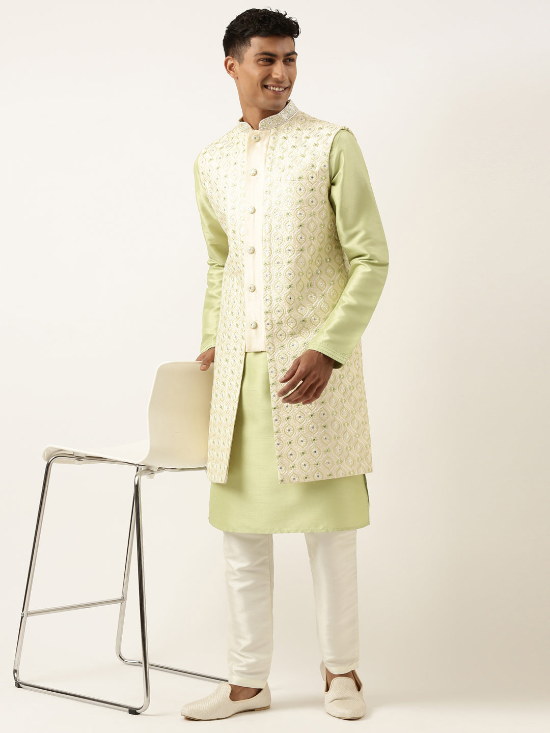 Cream Green Embroiderd Layered Long Jacket Kurta Set