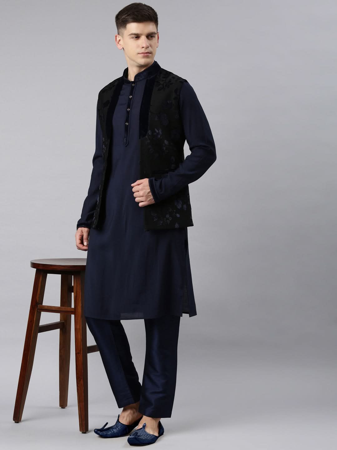 Navy Jacquard Kurta Set