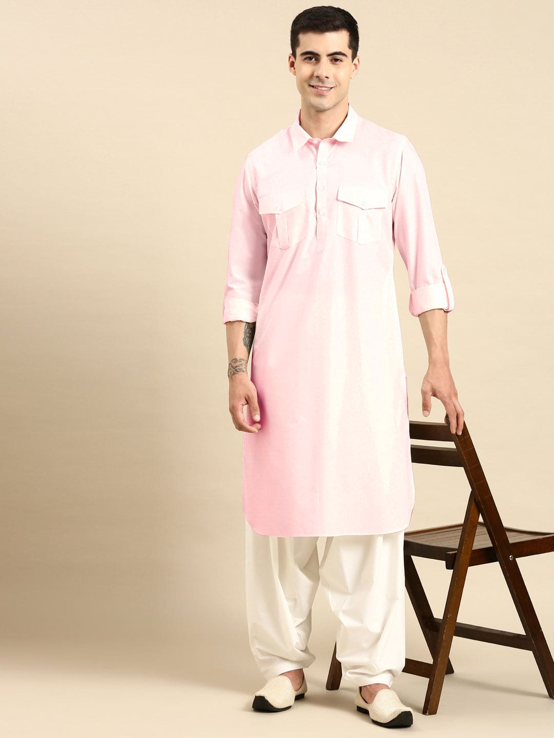 Light Pink Fine Cotton Pathani With Salwar