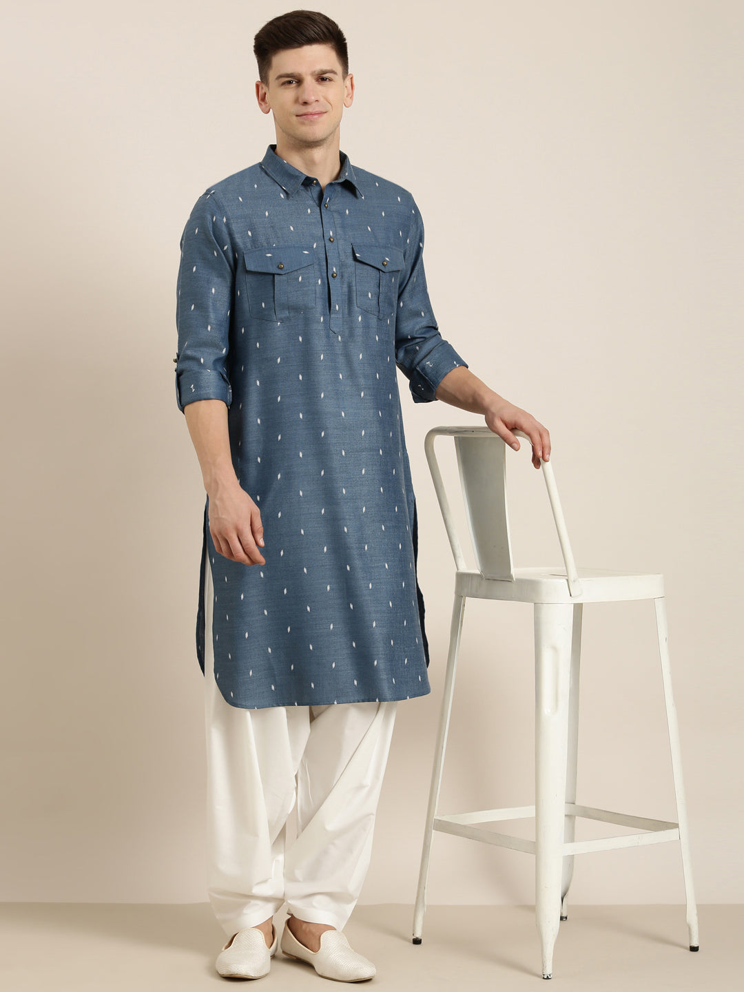 Denim Blue Cotton Pathani With Salwar