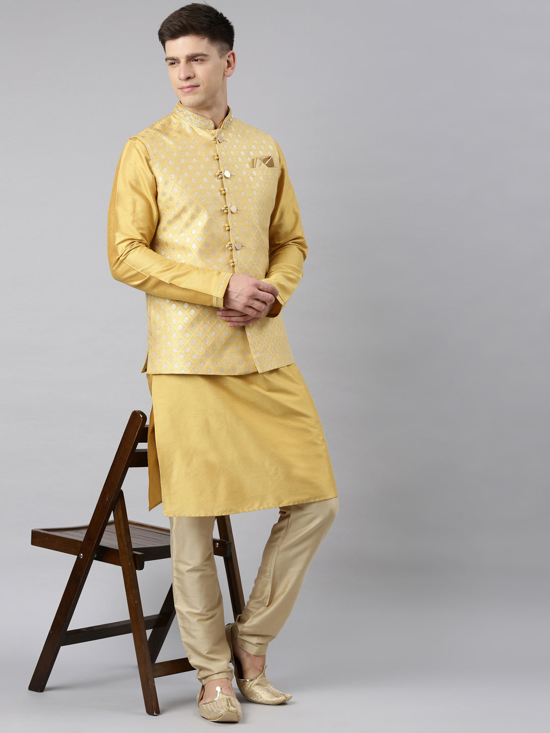 Yellow Banarasi Jacket With Yellow Kurta Set