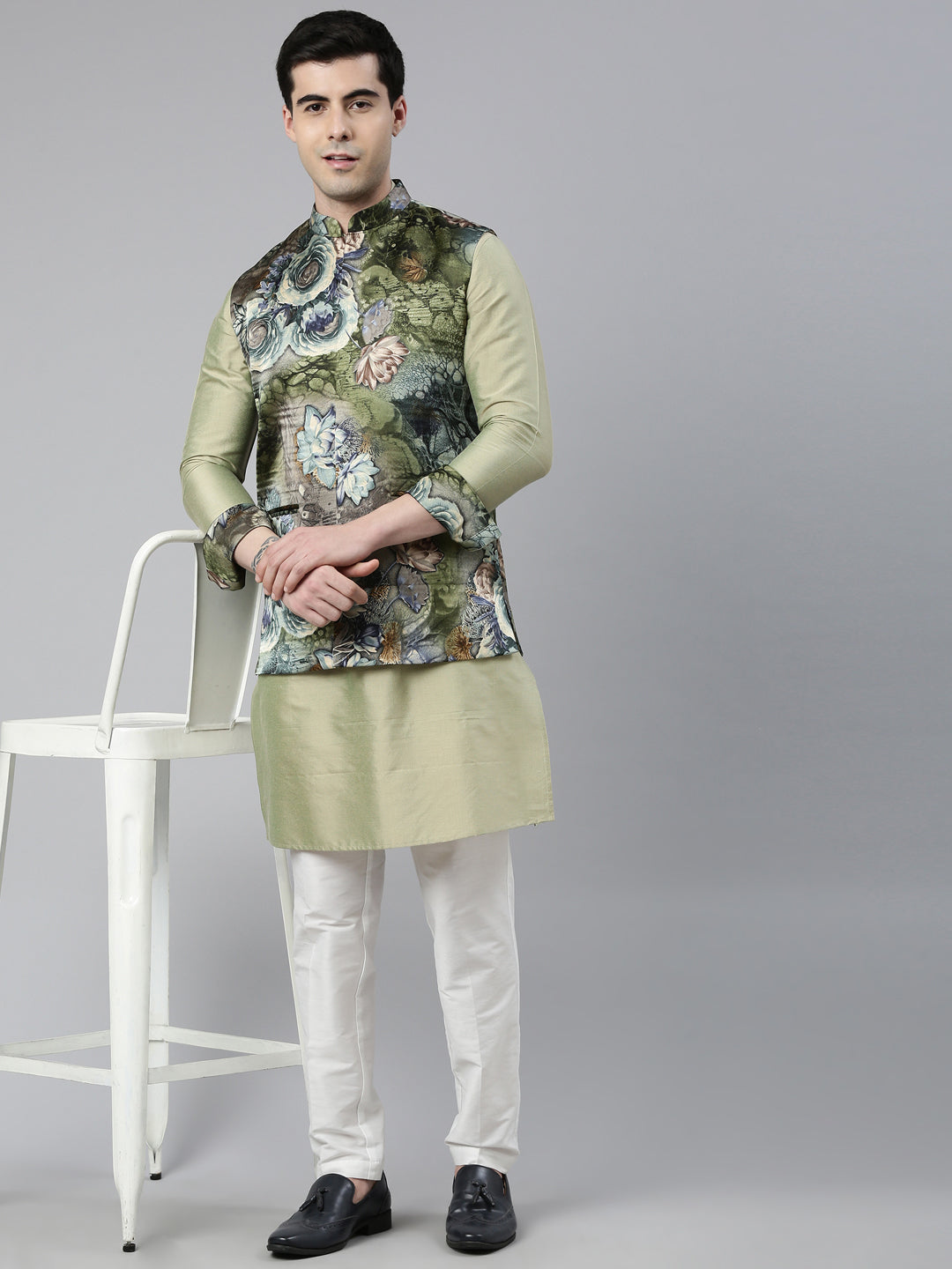 Floral Print Jacket With Green Short Kurta
