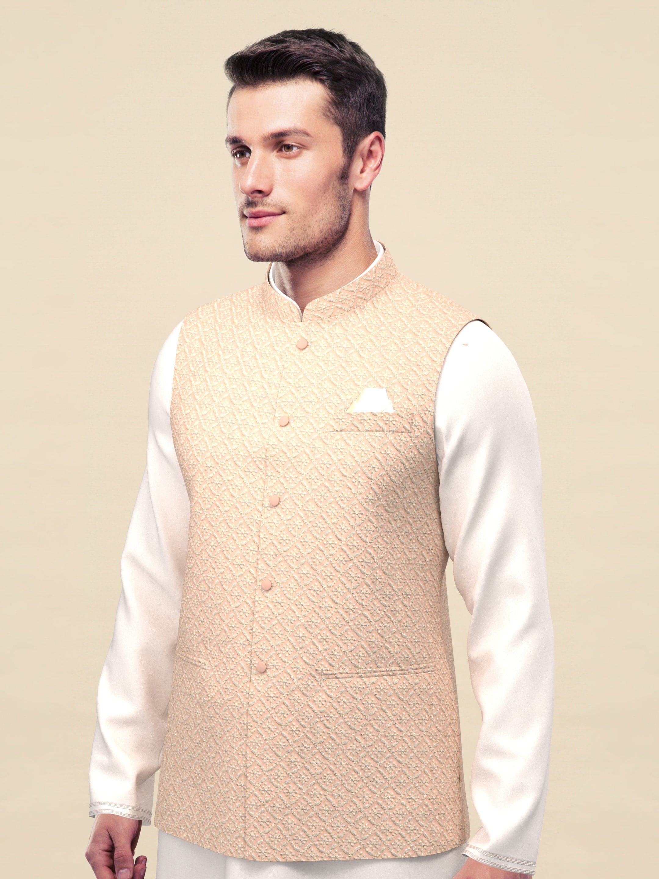 Light Peach chikankari Jacket kurta Set