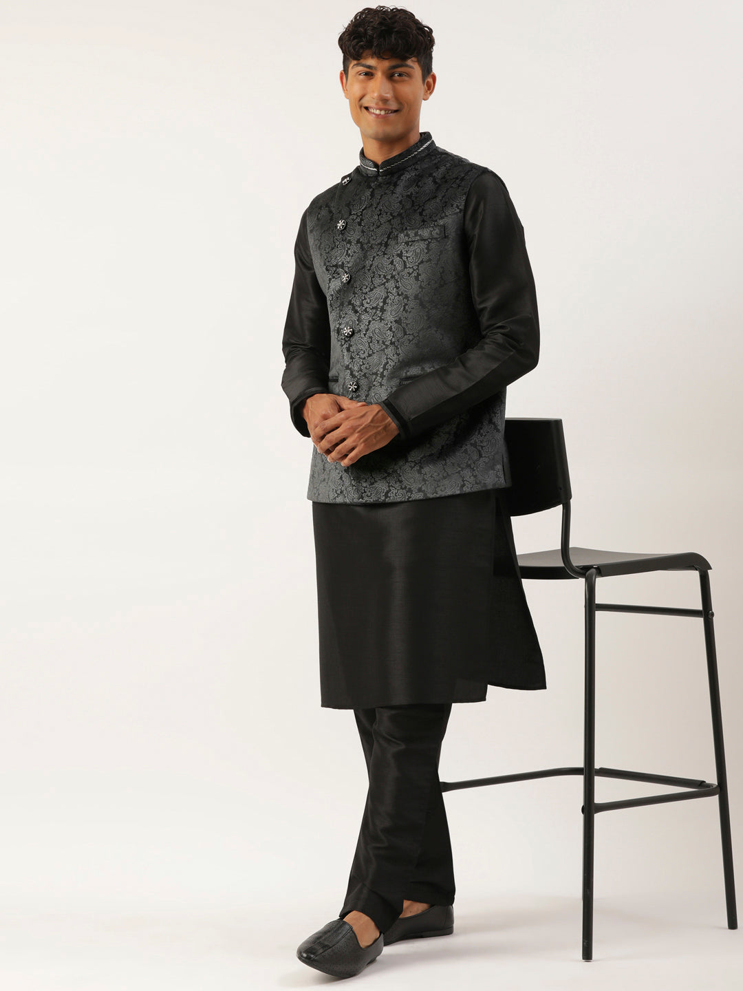 Black Velvet Jacquard Jacket Kurta Set