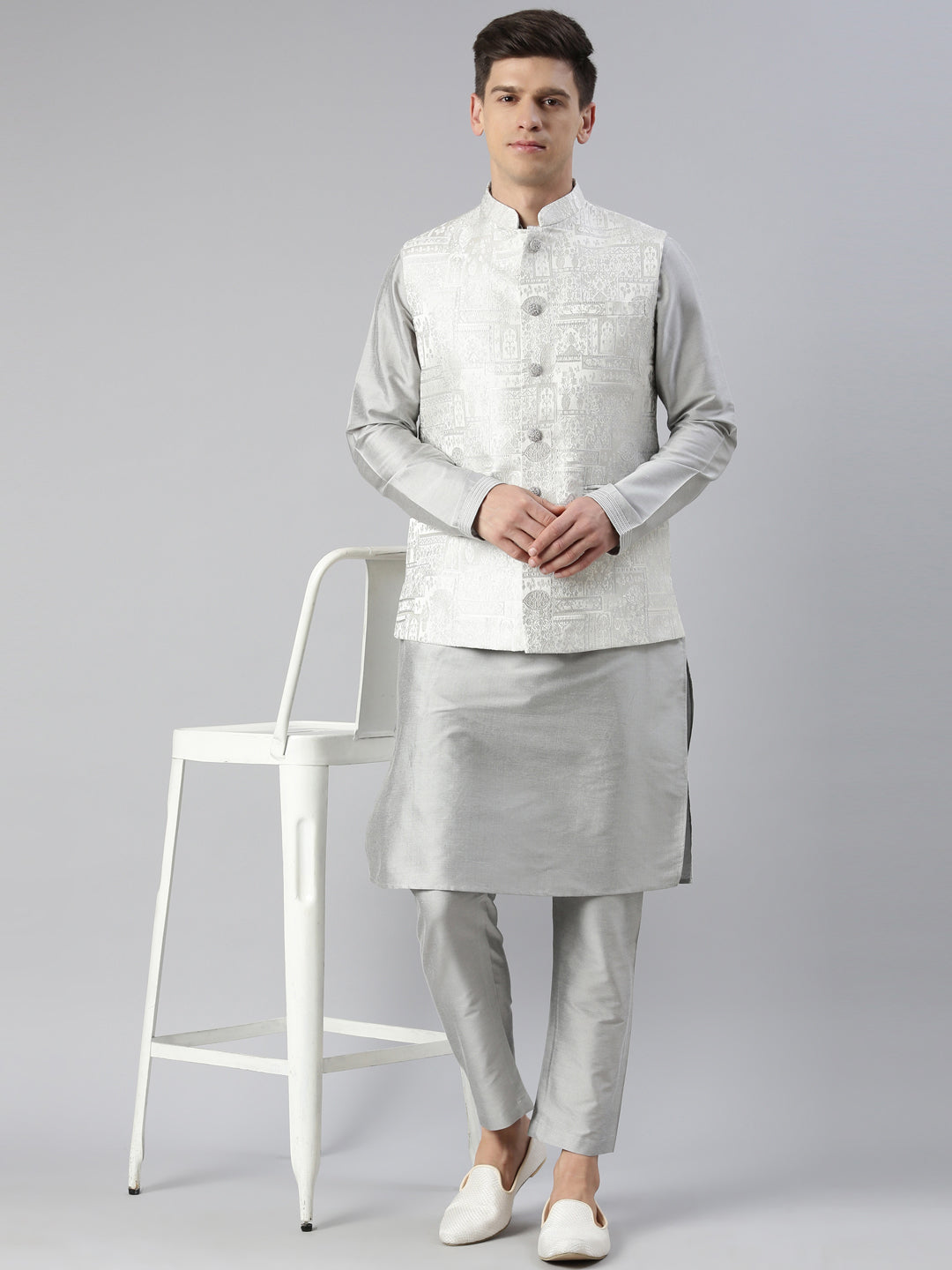 Grey Jacquard Jacket with Kurta Set