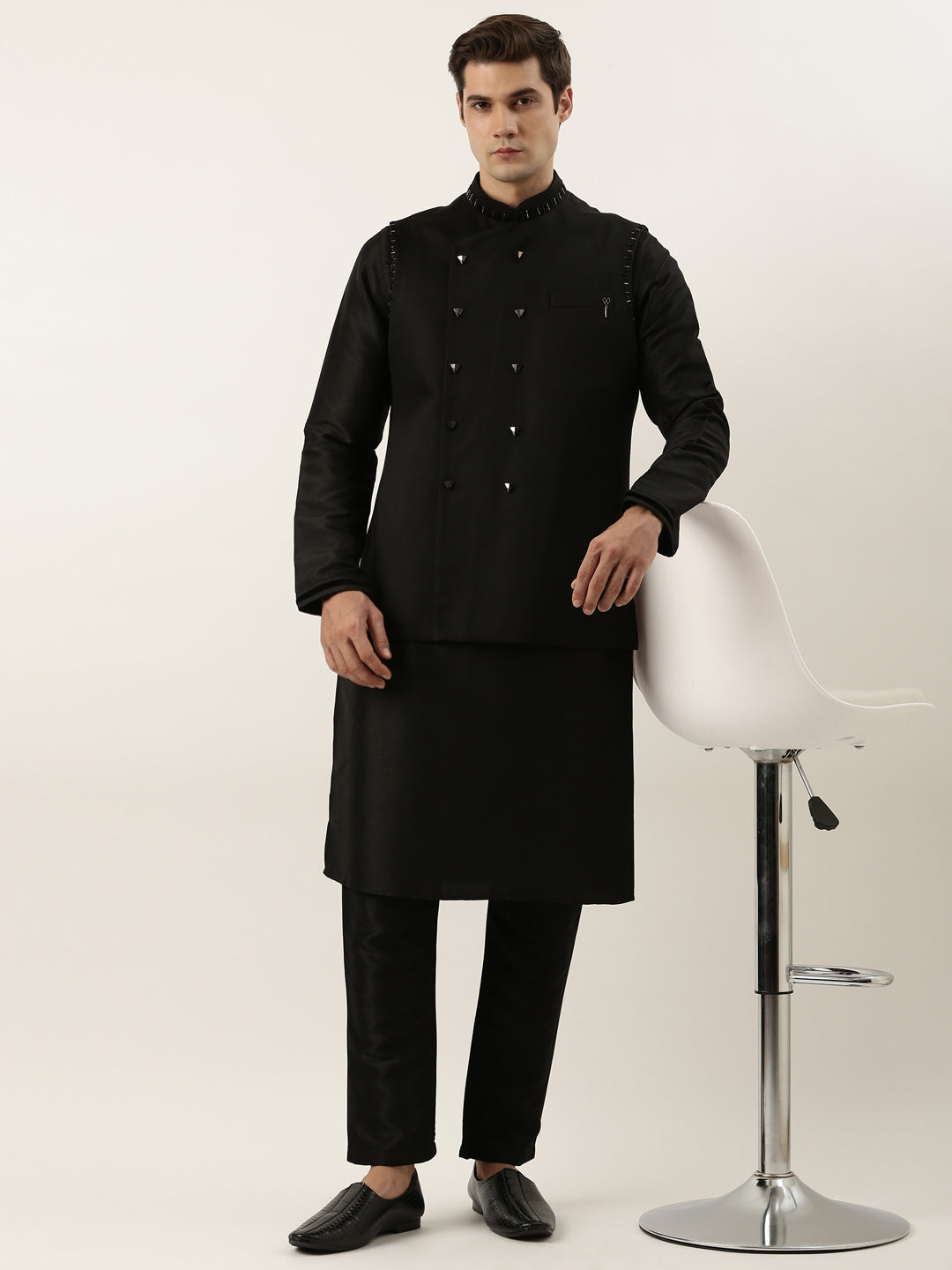 Black Embroidered Jacket Kurta Set