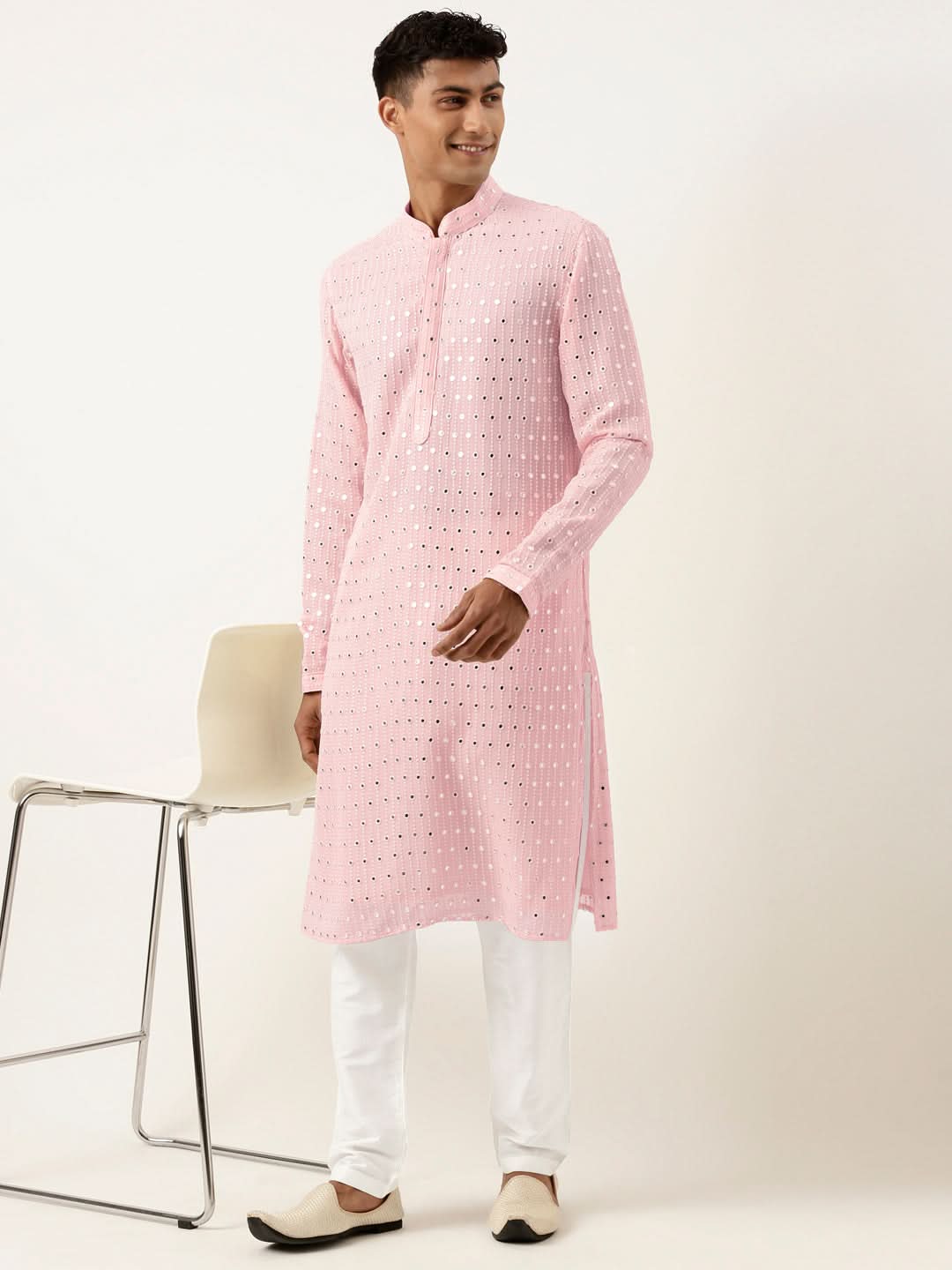 Baby Pink Mirror Embroidered Kurta Set