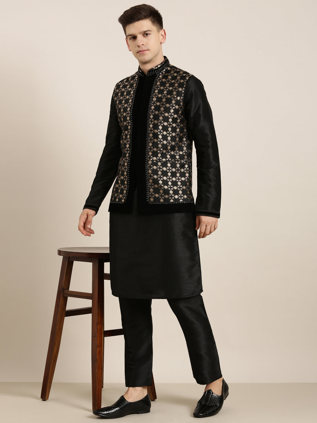 Black Jacquard Layered Jacket Set