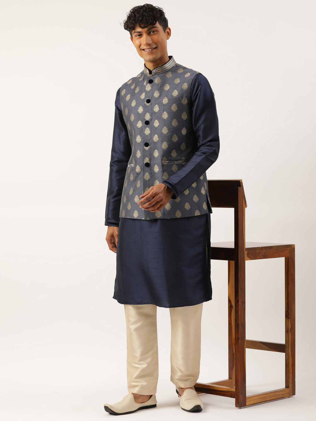 Navy Jacquard Gold Booti Jacket With Navy Kurta Set