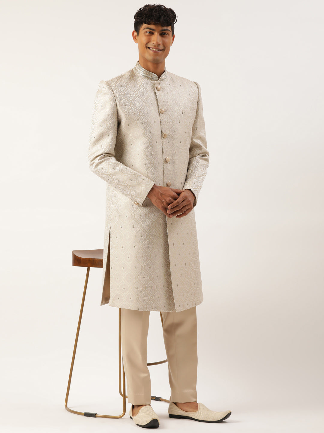 Ivory Jacquard Indowestern Set