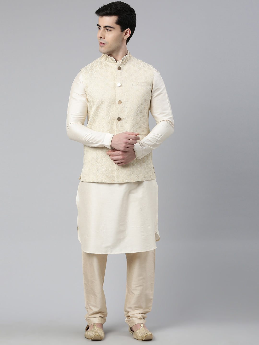 Cream Brocade Jacket With Kurta Set
